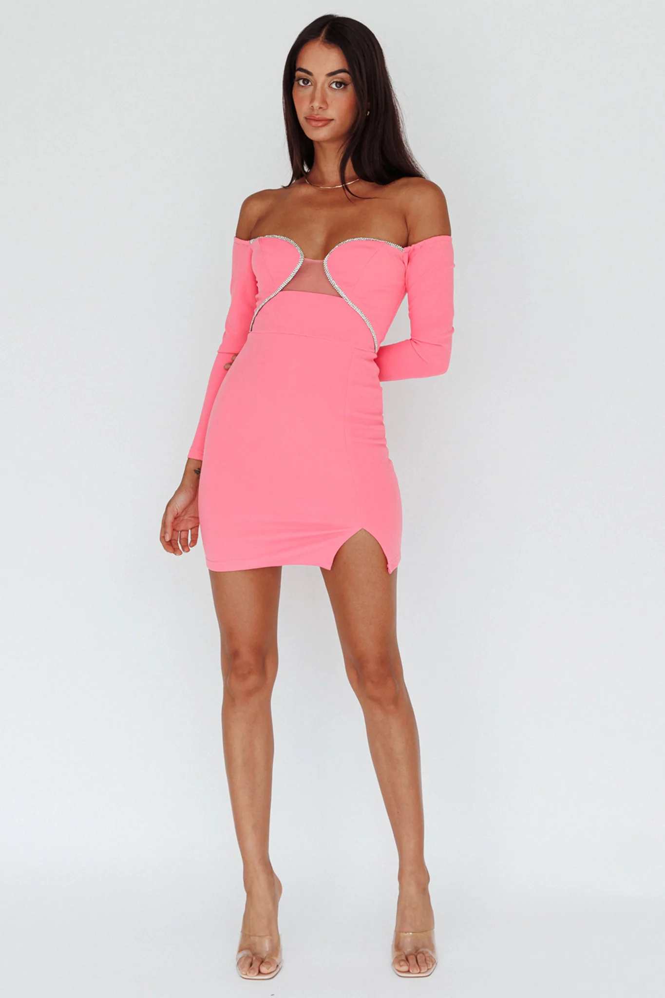 A-List Diamante Trim Long Sleeve Mini Dress Hot Pink - Image 3