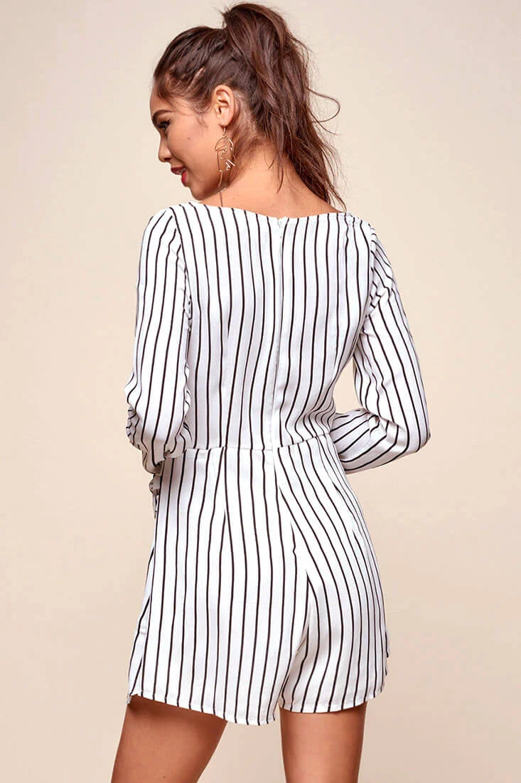 Abbey Waist Tie Pinstripe Romper White & Black - Image 3