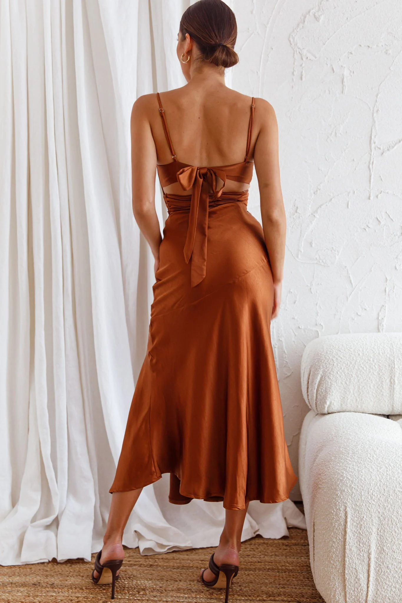 Abby Cami Strap Gathered Bust Front Split Midi Dress Chocolate - Image 2