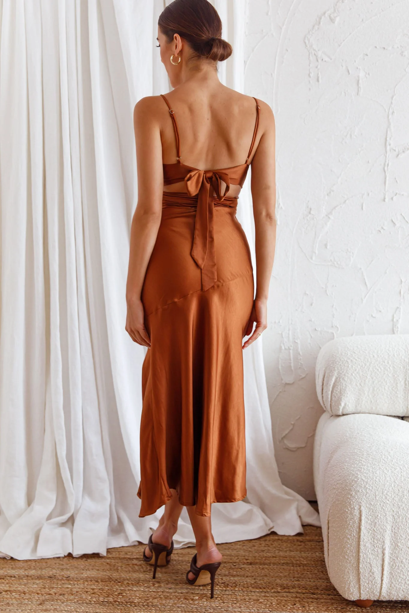 Abby Cami Strap Gathered Bust Front Split Midi Dress Chocolate - Image 5
