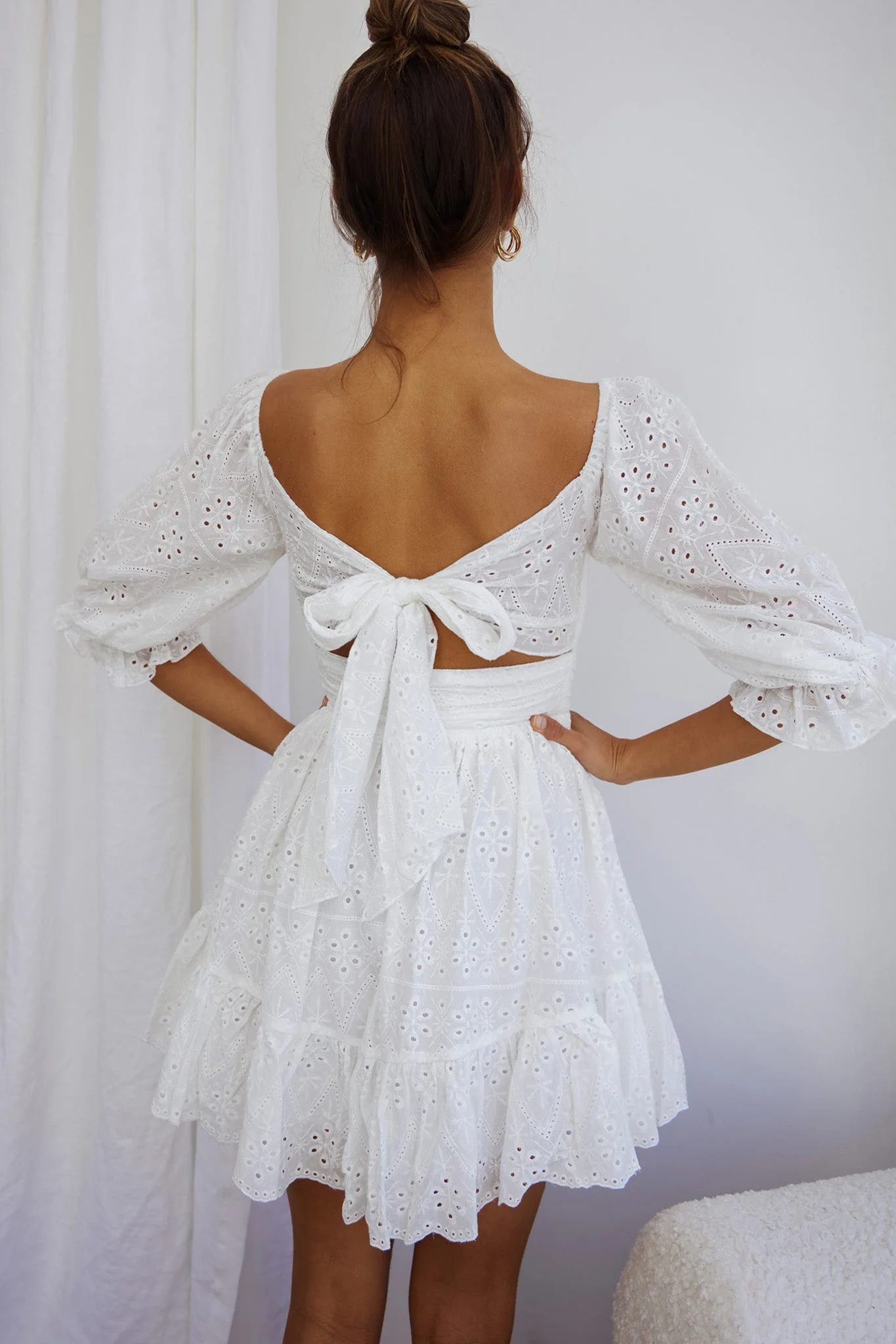 Abby Off-Shoulder Tie-Up Back Dress Eyelet Embroidery Dress White - Image 2