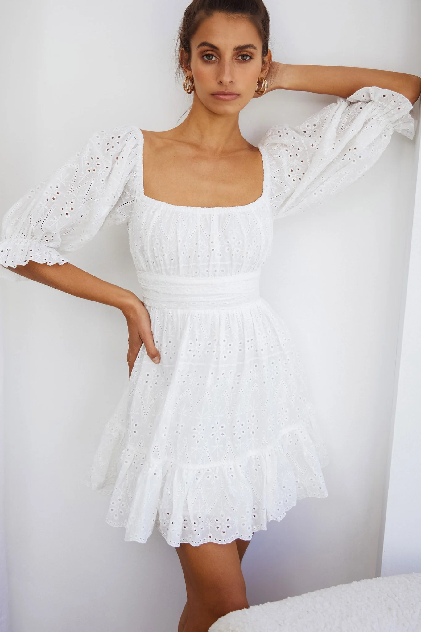 Abby Off-Shoulder Tie-Up Back Dress Eyelet Embroidery Dress White - Image 4