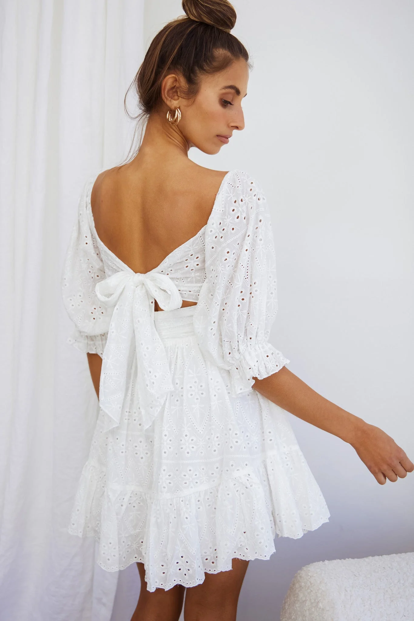 Abby Off-Shoulder Tie-Up Back Dress Eyelet Embroidery Dress White - Image 6