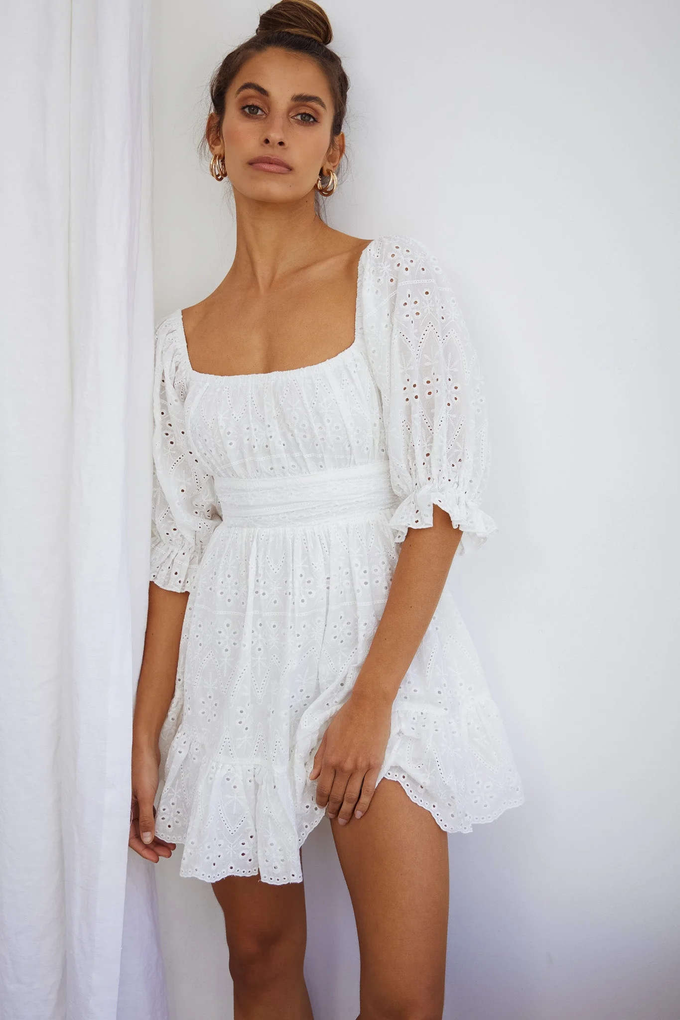 Abby Off-Shoulder Tie-Up Back Dress Eyelet Embroidery Dress White - Image 7