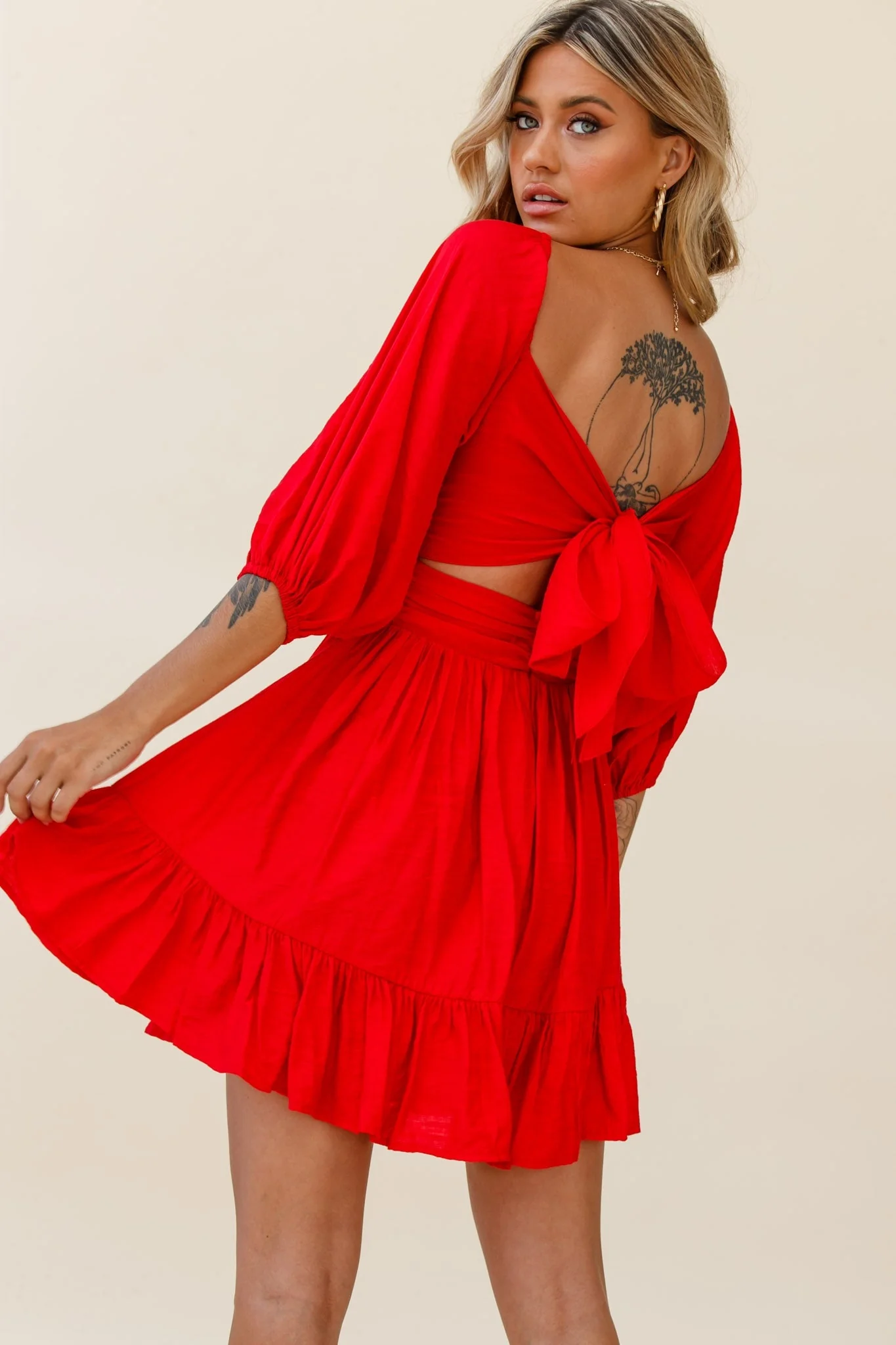 Abby Off-Shoulder Tie-Up Back Dress Red - Image 3