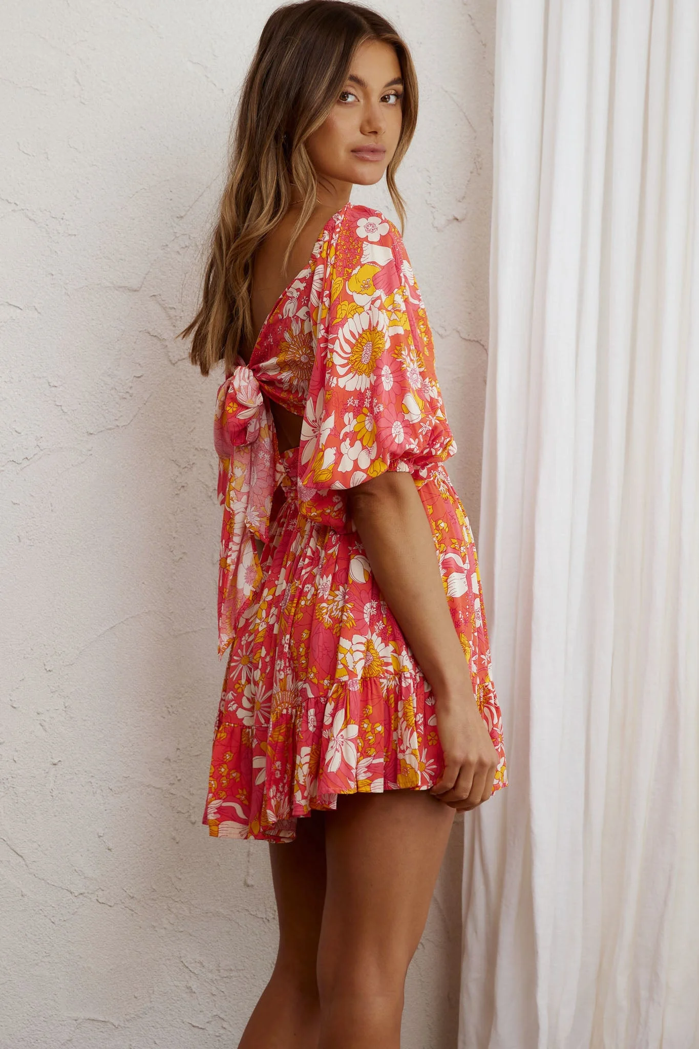 Abby Off-Shoulder Tie-Up Back Dress Retro Floral Orange - Image 3