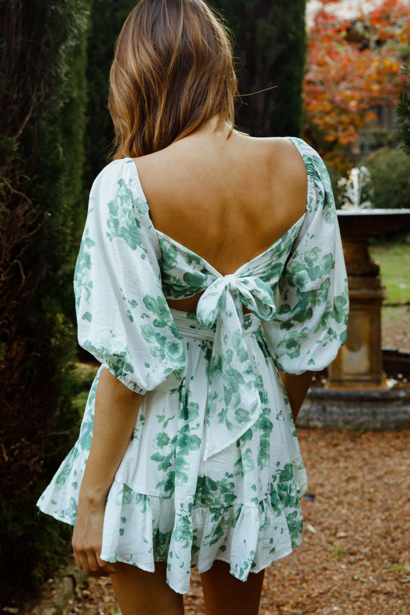 Abby Off-Shoulder Tie-Up Back Dress Watercolor Floral Print White/Olive - Image 2
