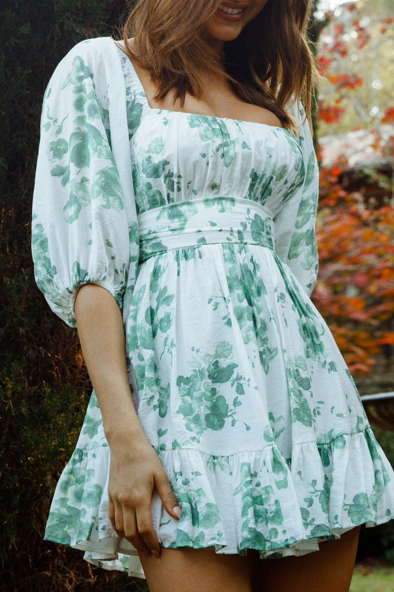 Abby Off-Shoulder Tie-Up Back Dress Watercolor Floral Print White/Olive - Image 4