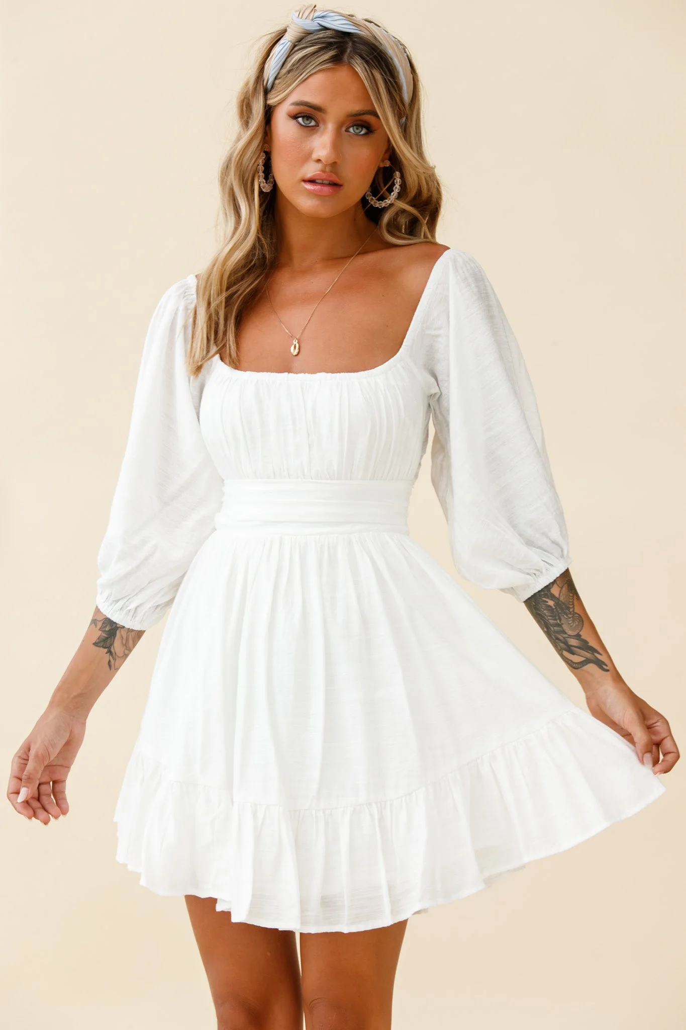 Abby Off-Shoulder Tie-Up Back Dress White - Image 5