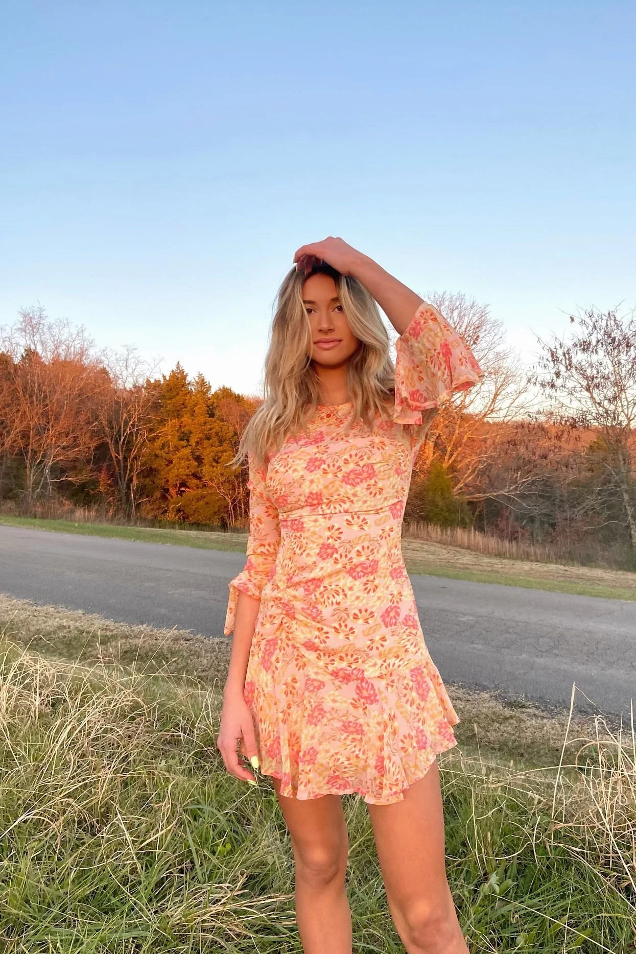 Adalia Long Sleeve Flared Cuff Dress Floral Print Pink - Image 9