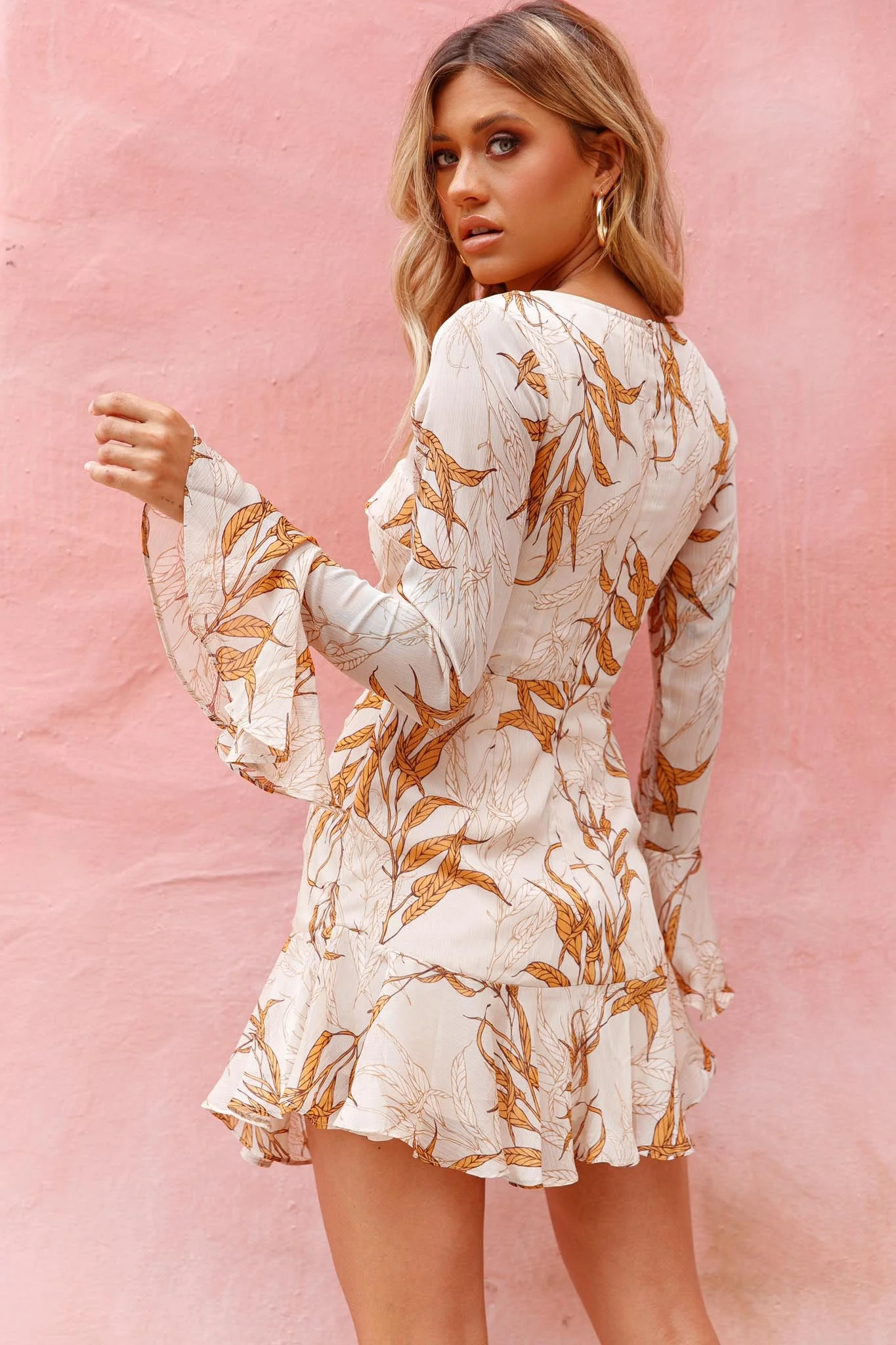 Adalia Long Sleeve Flared Cuff Dress Leaf Print Beige - Image 2