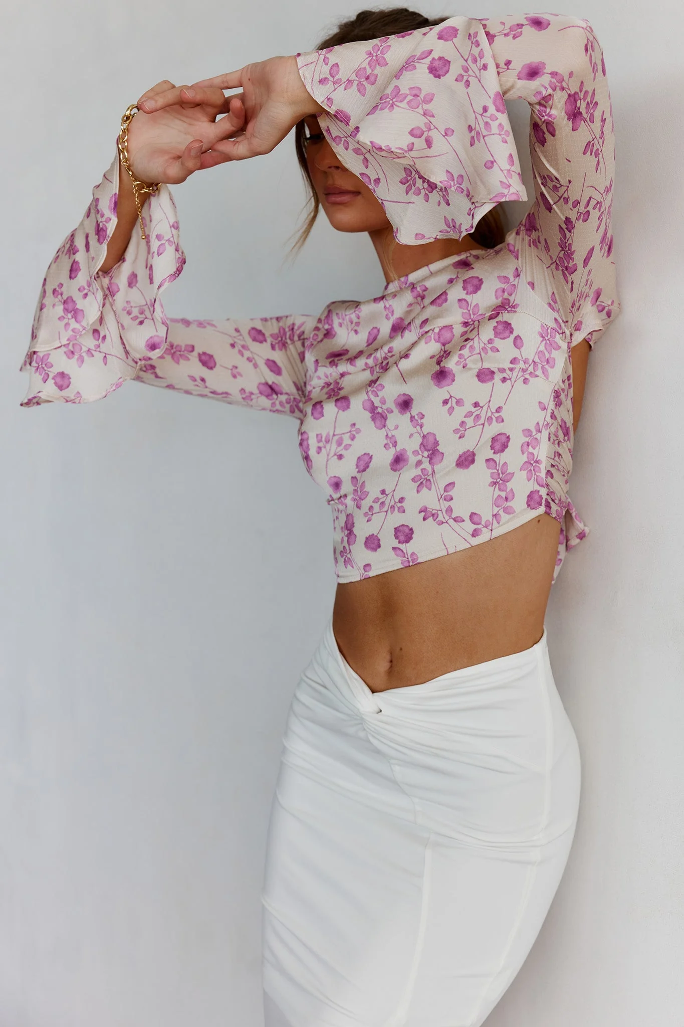 Adalia Long Sleeve Tied Top Floral Champagne - Image 4
