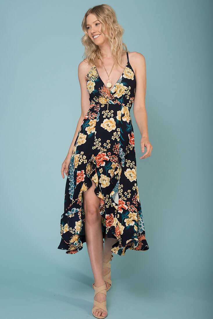Adalynn Hi Low Deep V Floral Midi Dress Navy - Image 2