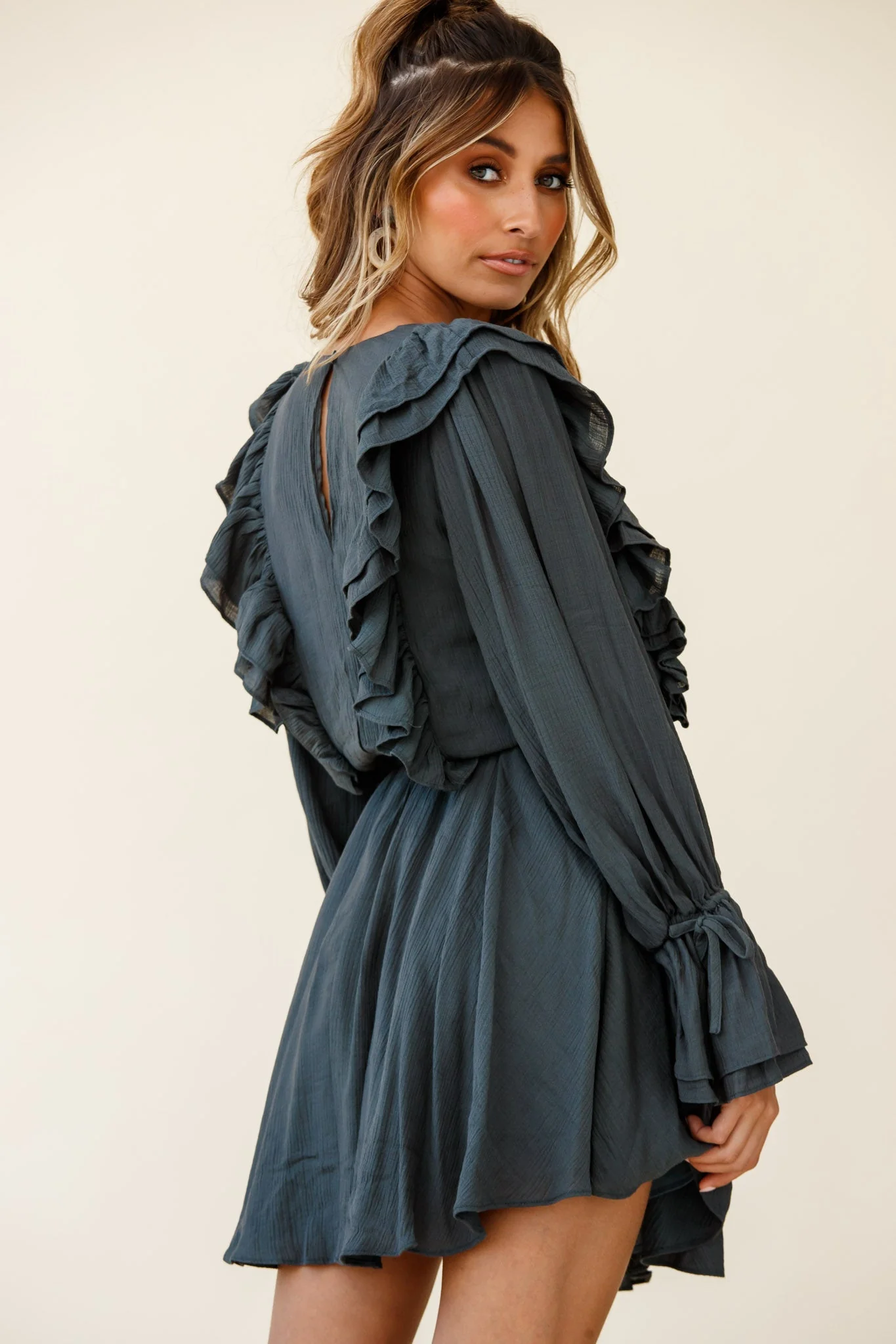 Adina Fluted Long Sleeve Frill Detail Dress Green - Image 2