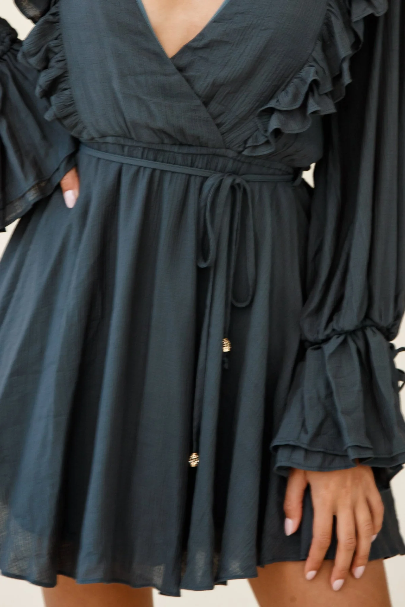 Adina Fluted Long Sleeve Frill Detail Dress Green - Image 7