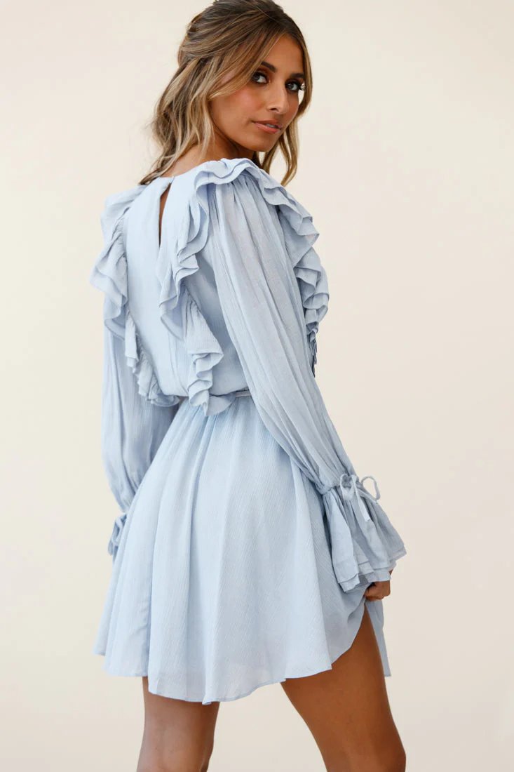 Adina Fluted Long Sleeve Frill Detail Dress Grey - Image 3