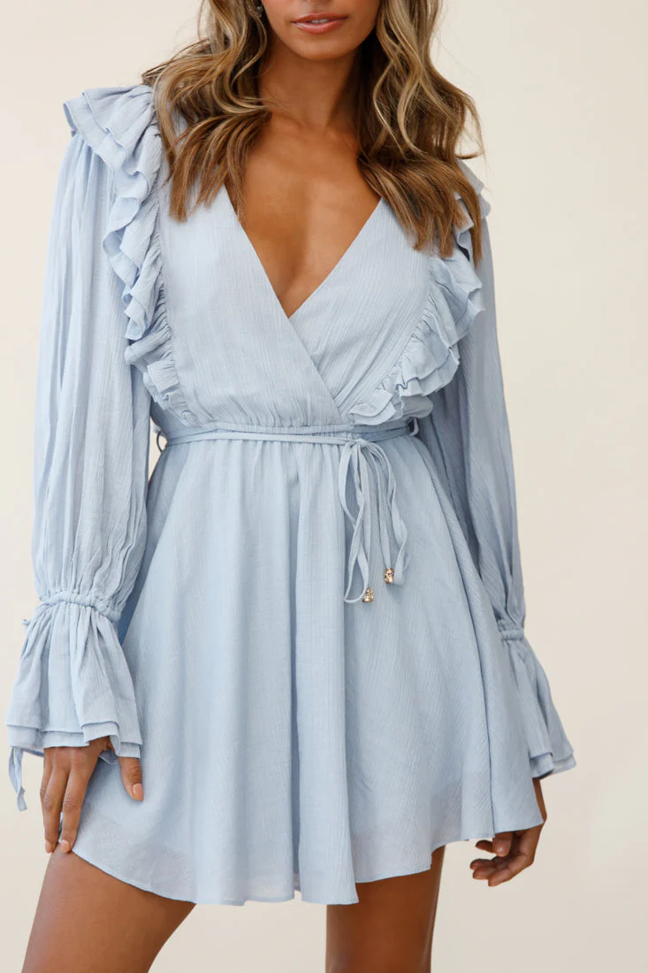 Adina Fluted Long Sleeve Frill Detail Dress Grey - Image 4