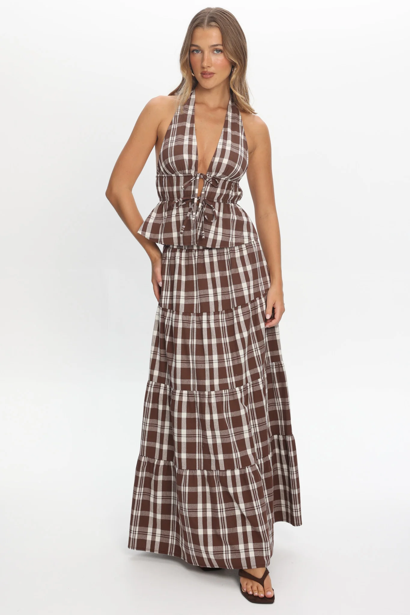 Admire Tie Front Halter Top Plaid Chocolate - Image 2
