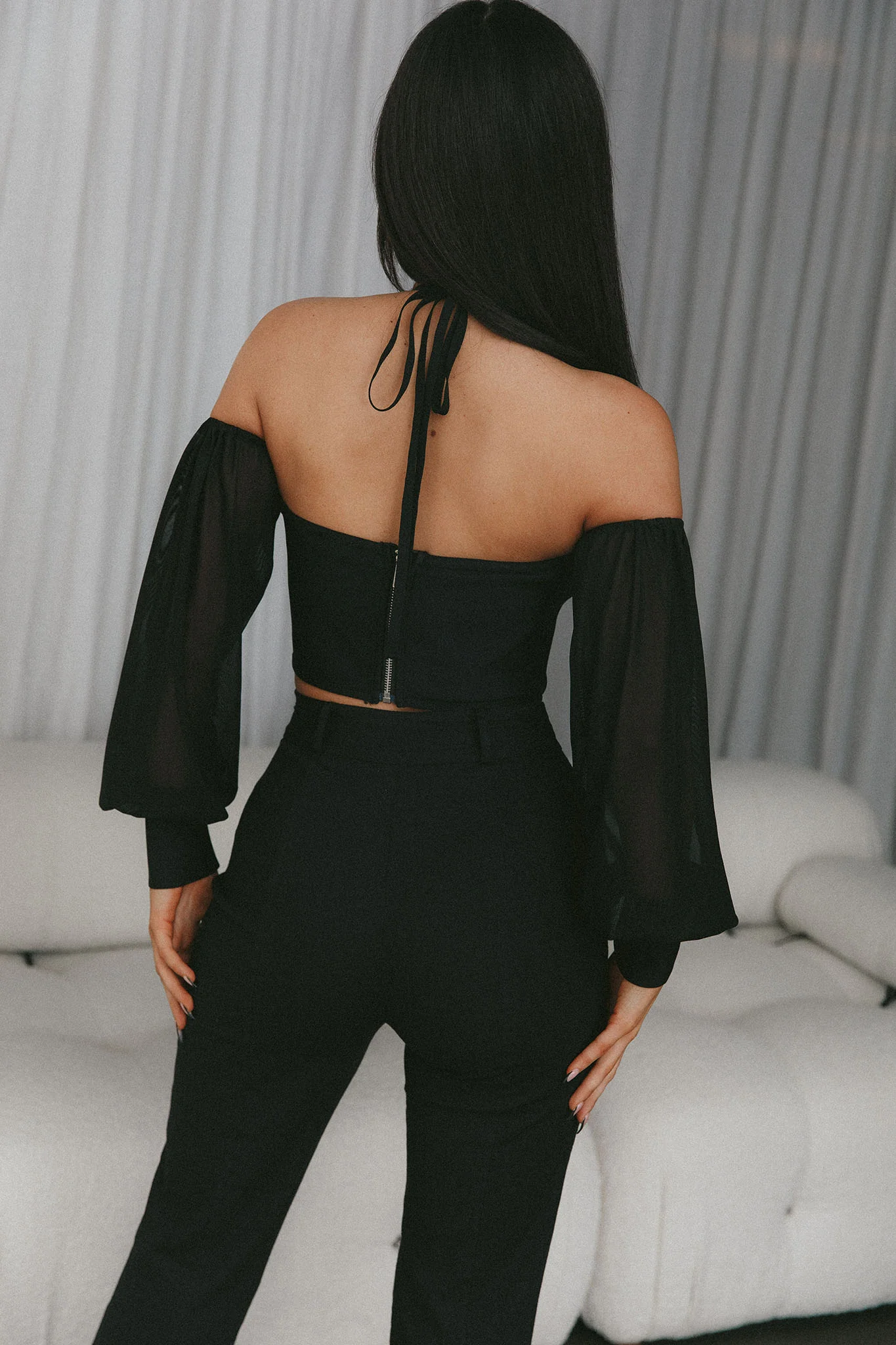 Adonica Halterneck Lantern Sleeve Top Black - Image 3