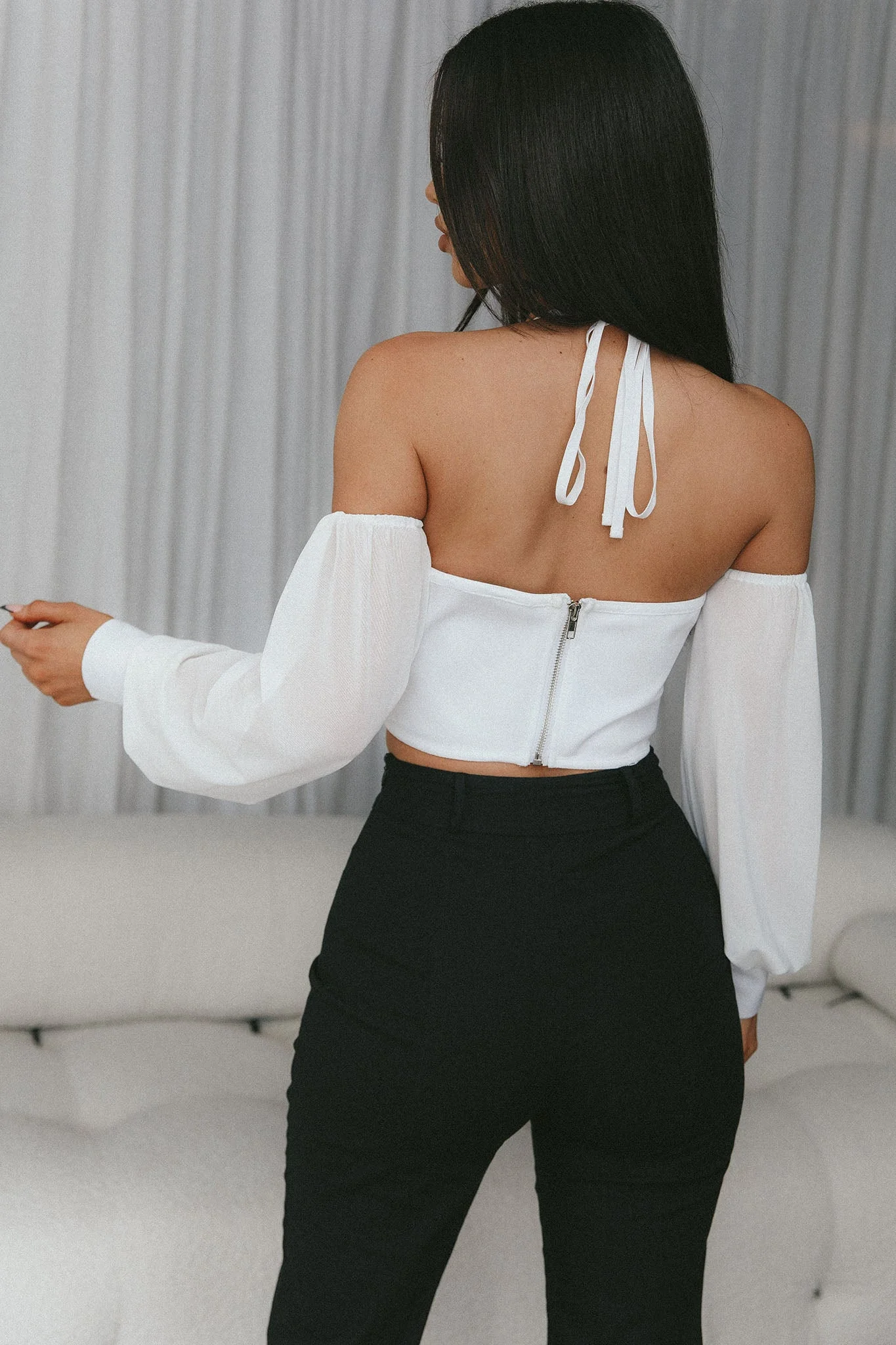 Adonica Halterneck Lantern Sleeve Top White - Image 2
