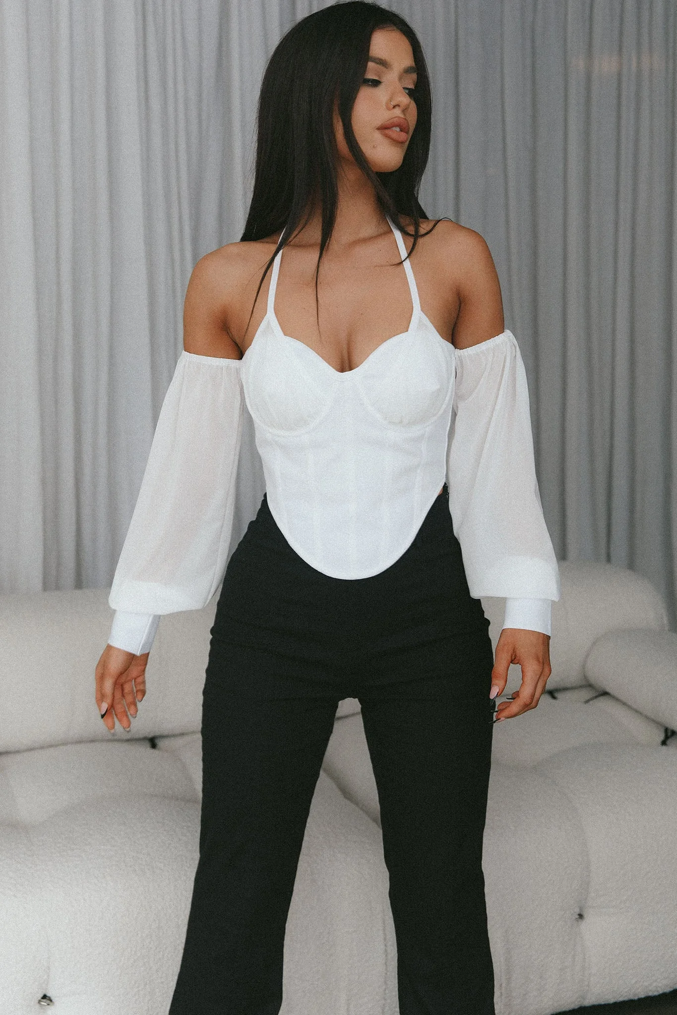 Adonica Halterneck Lantern Sleeve Top White - Image 4