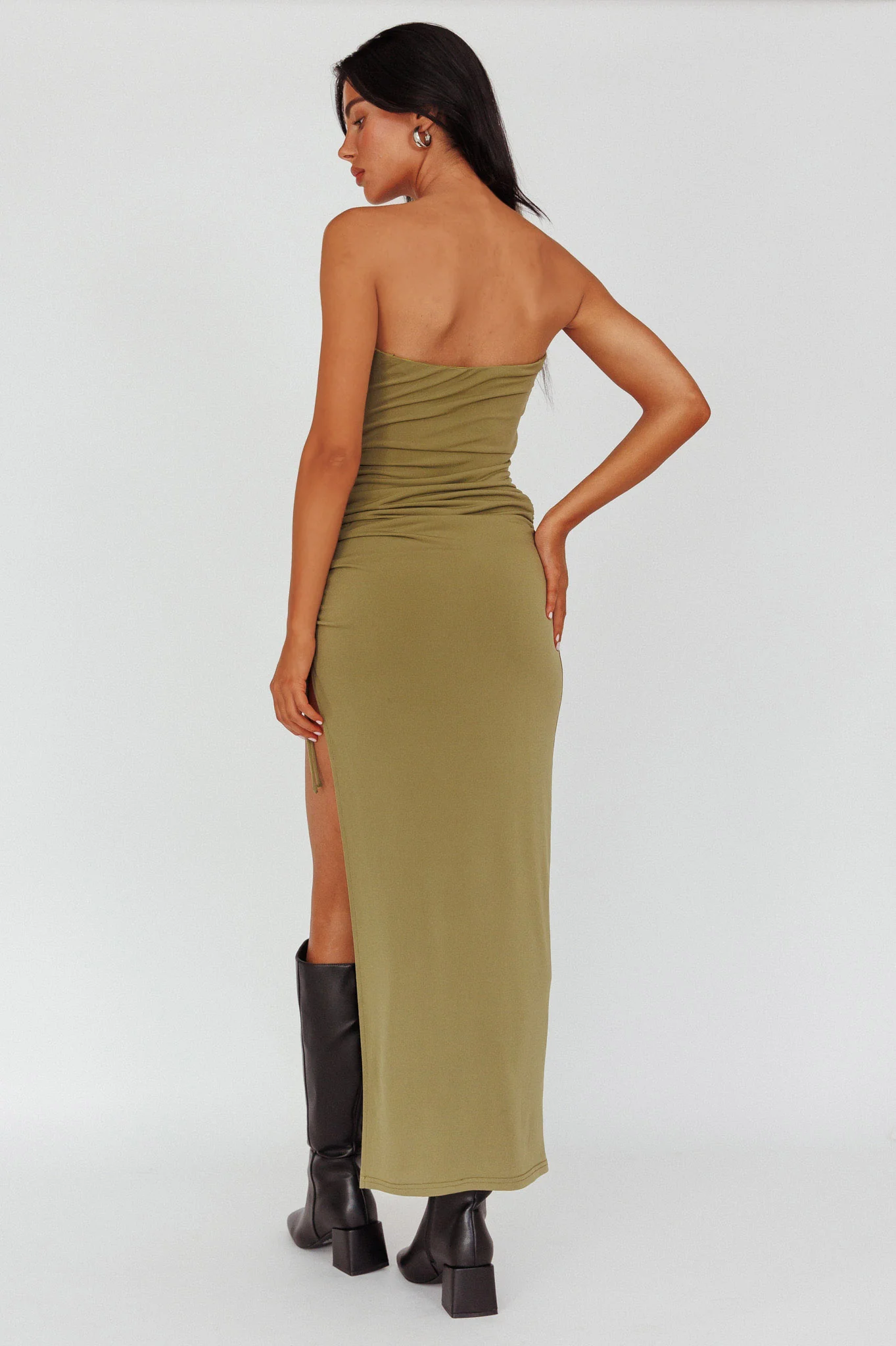 Affections Drawstring Ruched Split Maxi Dress Khaki - Image 2