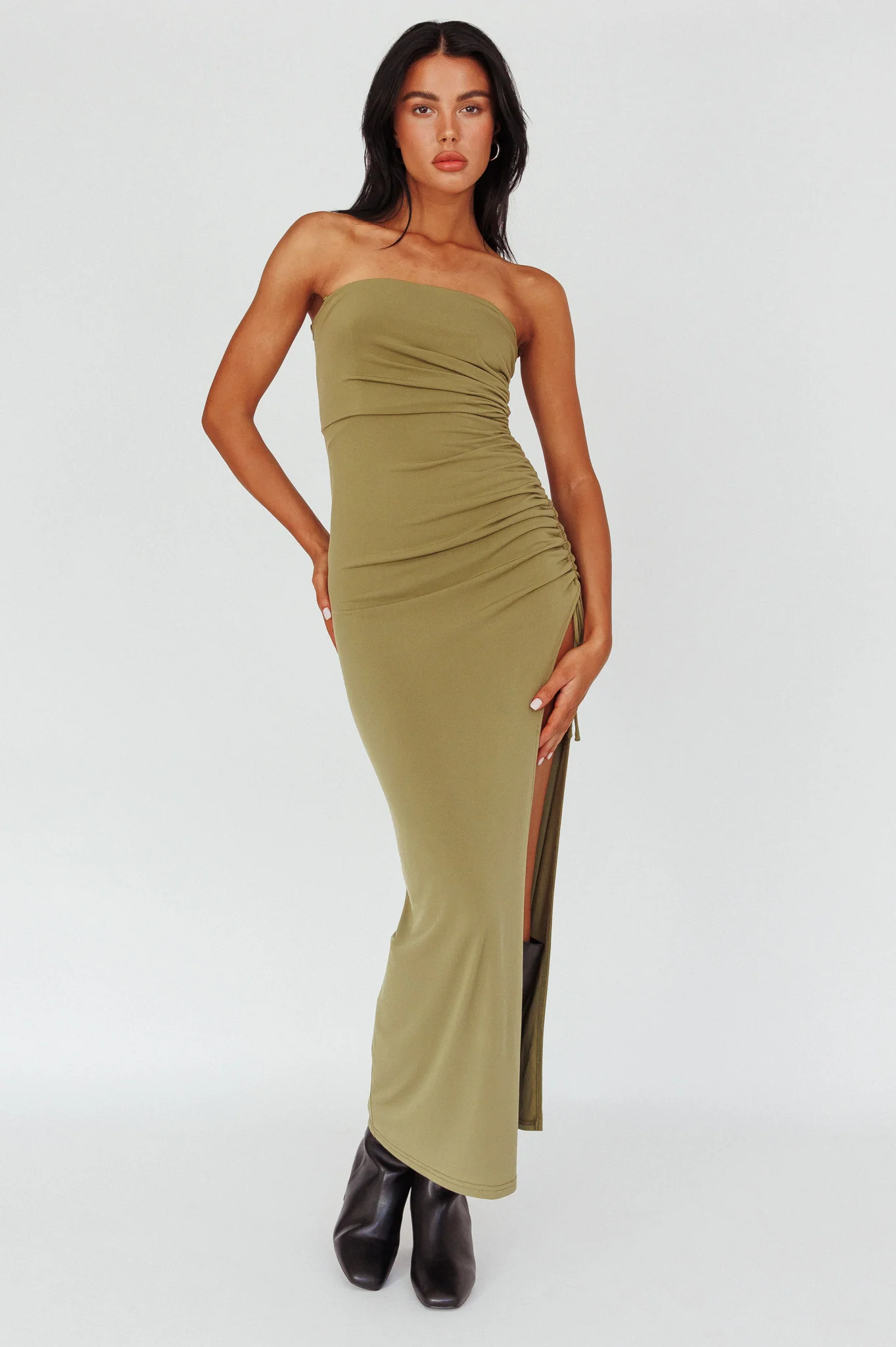 Affections Drawstring Ruched Split Maxi Dress Khaki - Image 5