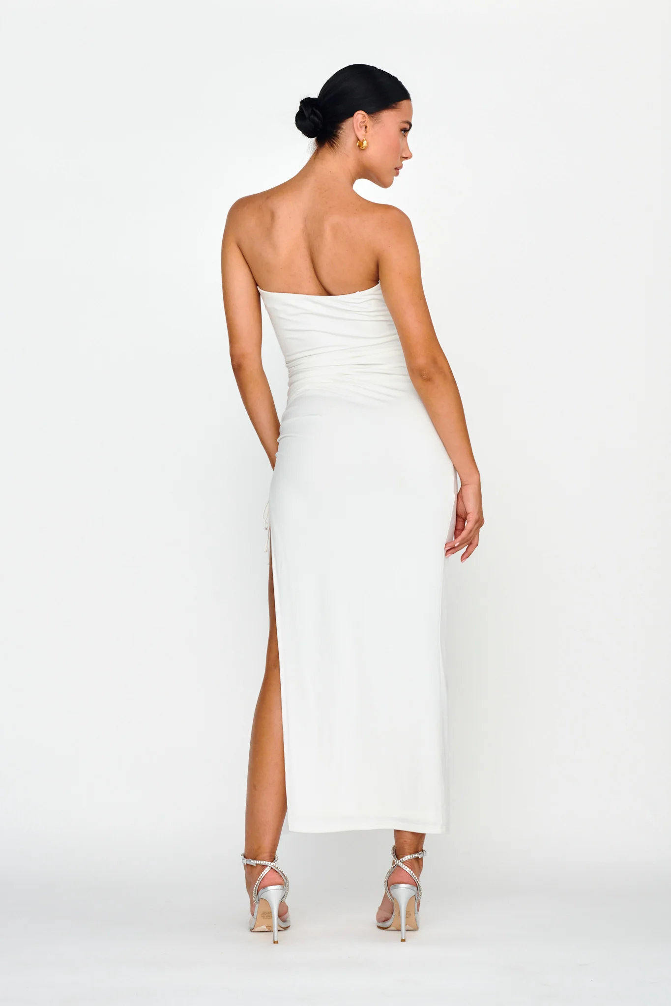 Affections Drawstring Ruched Split Maxi Dress White - Image 2