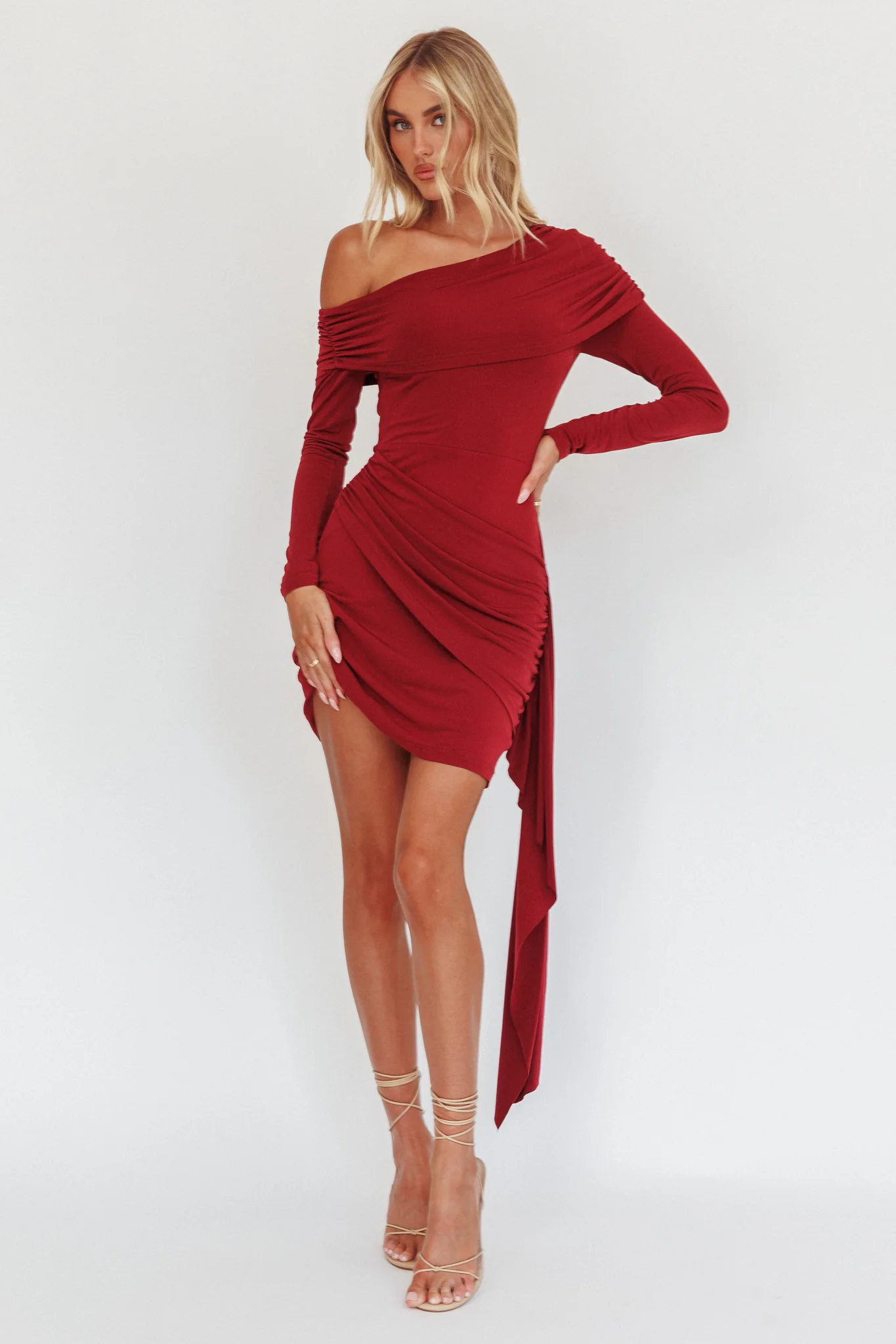 Afroditi Side Sash Draped Mini Dress Wine - Image 5