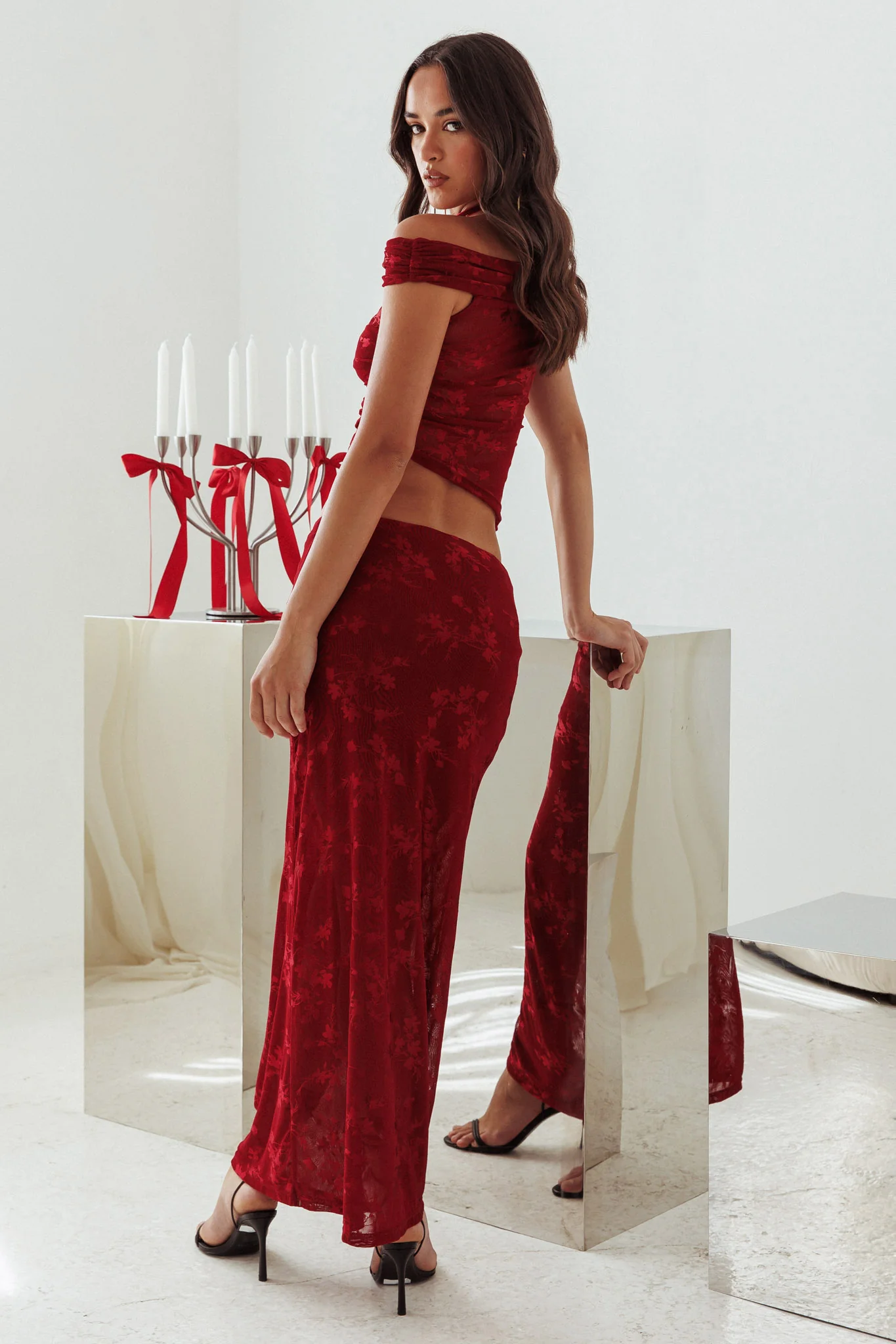 After Party Floral Mesh Maxi Skirt Burgundy - Image 3