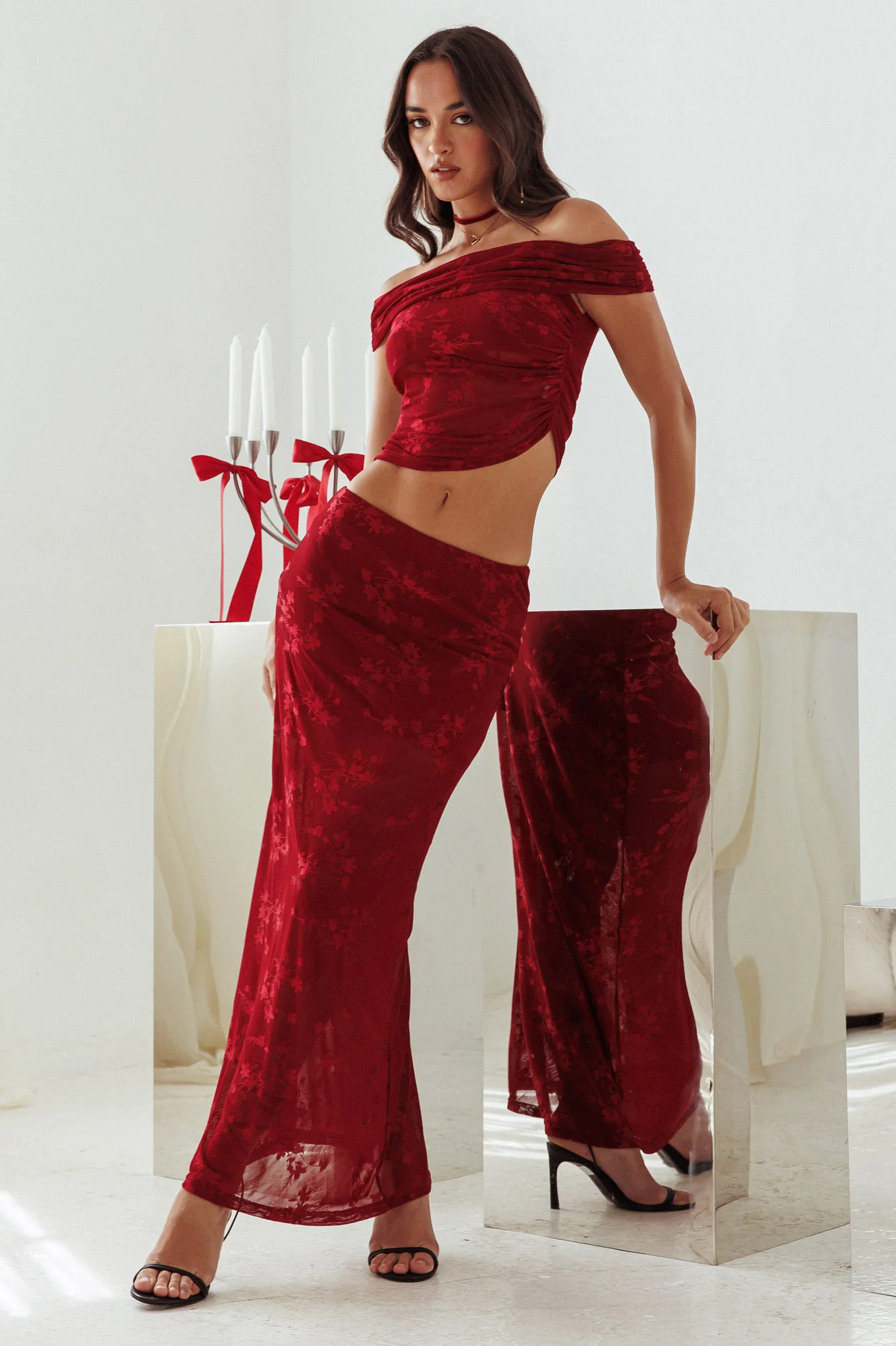 After Party Floral Mesh Maxi Skirt Burgundy - Image 4
