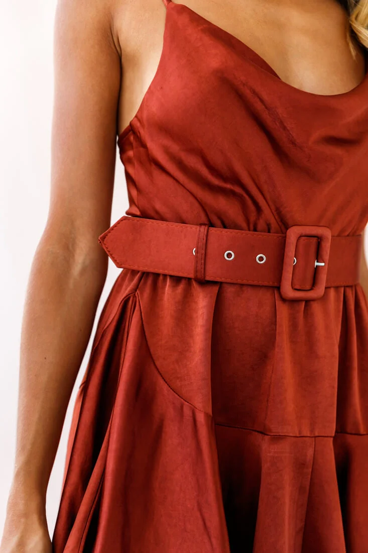 Agent 99 Belted Satin Cowl Neck Dress Brown - Image 5