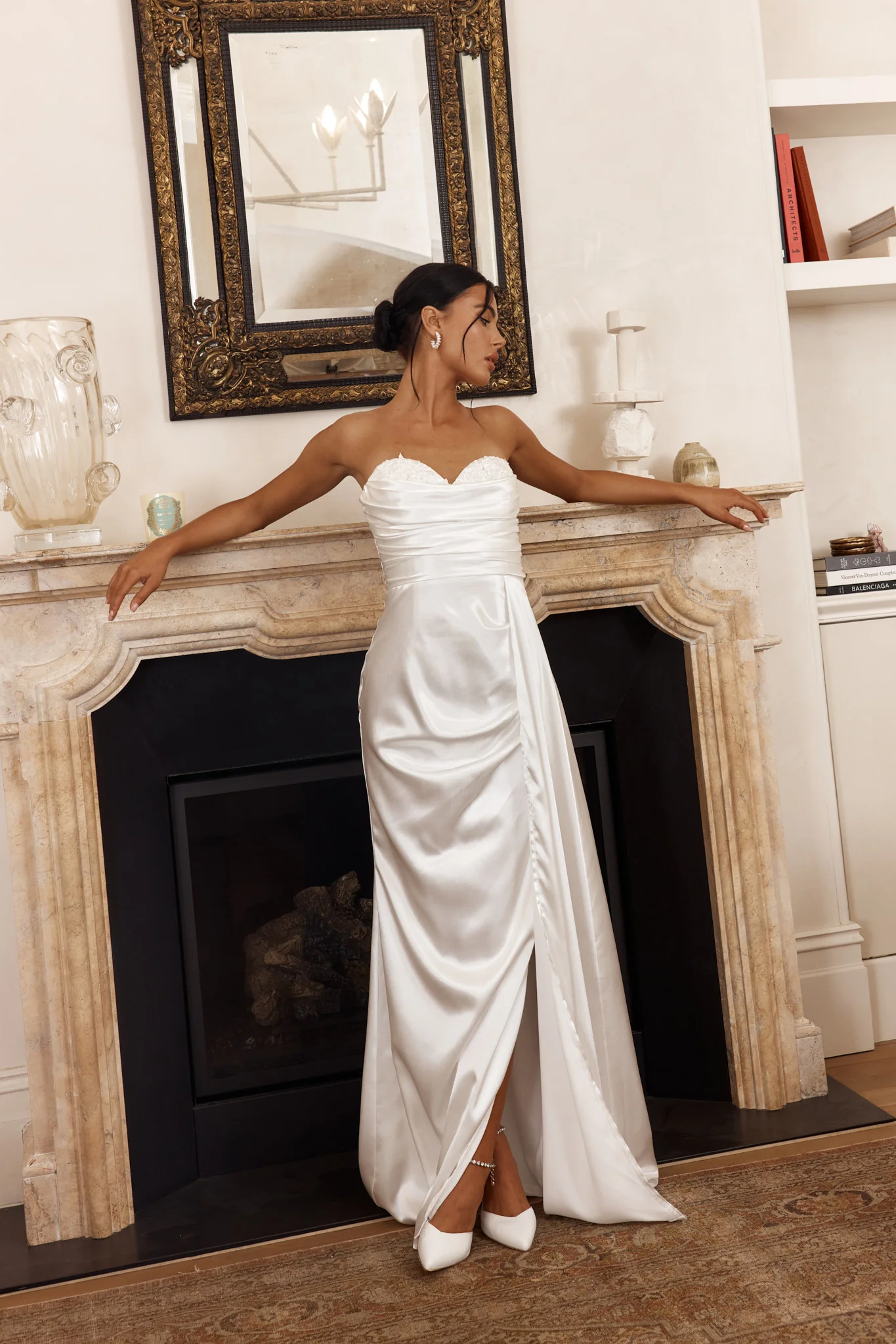 Ahava Sweetheart Applique Satin Maxi Dress White - Image 3