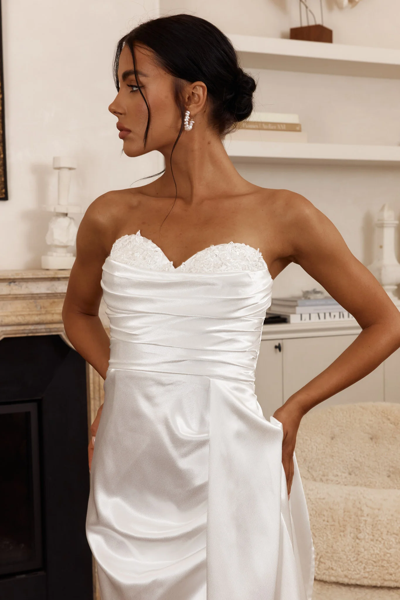 Ahava Sweetheart Applique Satin Maxi Dress White - Image 4