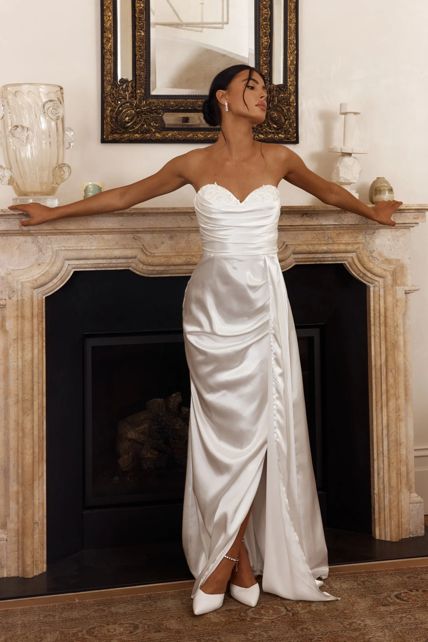 Ahava Sweetheart Applique Satin Maxi Dress White - Image 5