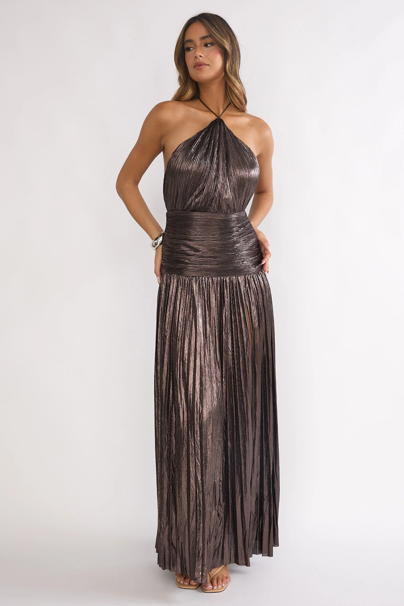 Ahmara Drop Waist Accordion Pleat Maxi Dress Gunmetal
