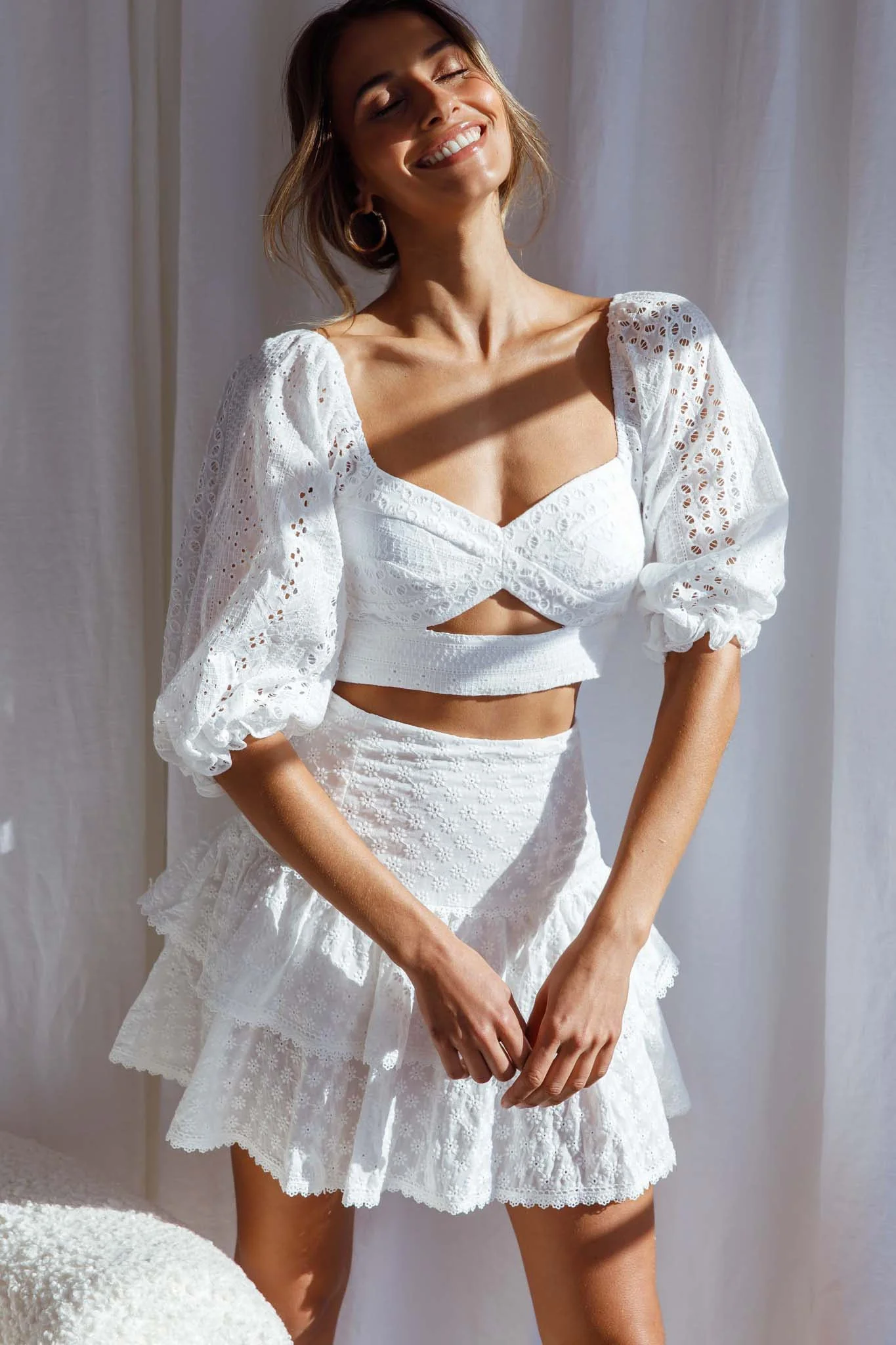 Aisha Puff Sleeve Tie Back Broderie Anglaise Crop Top White - Image 5