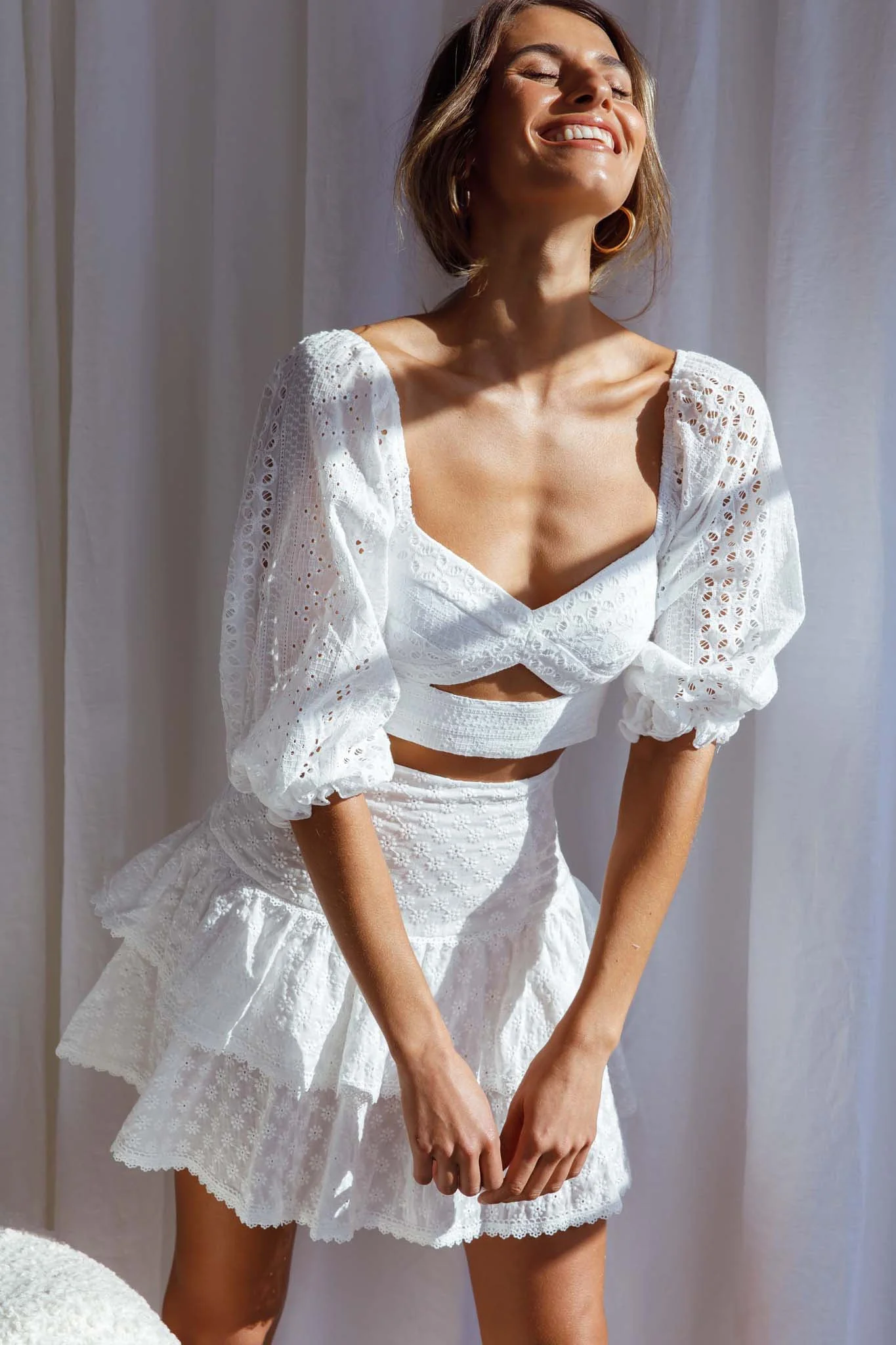 Aisha Puff Sleeve Tie Back Broderie Anglaise Crop Top White - Image 8