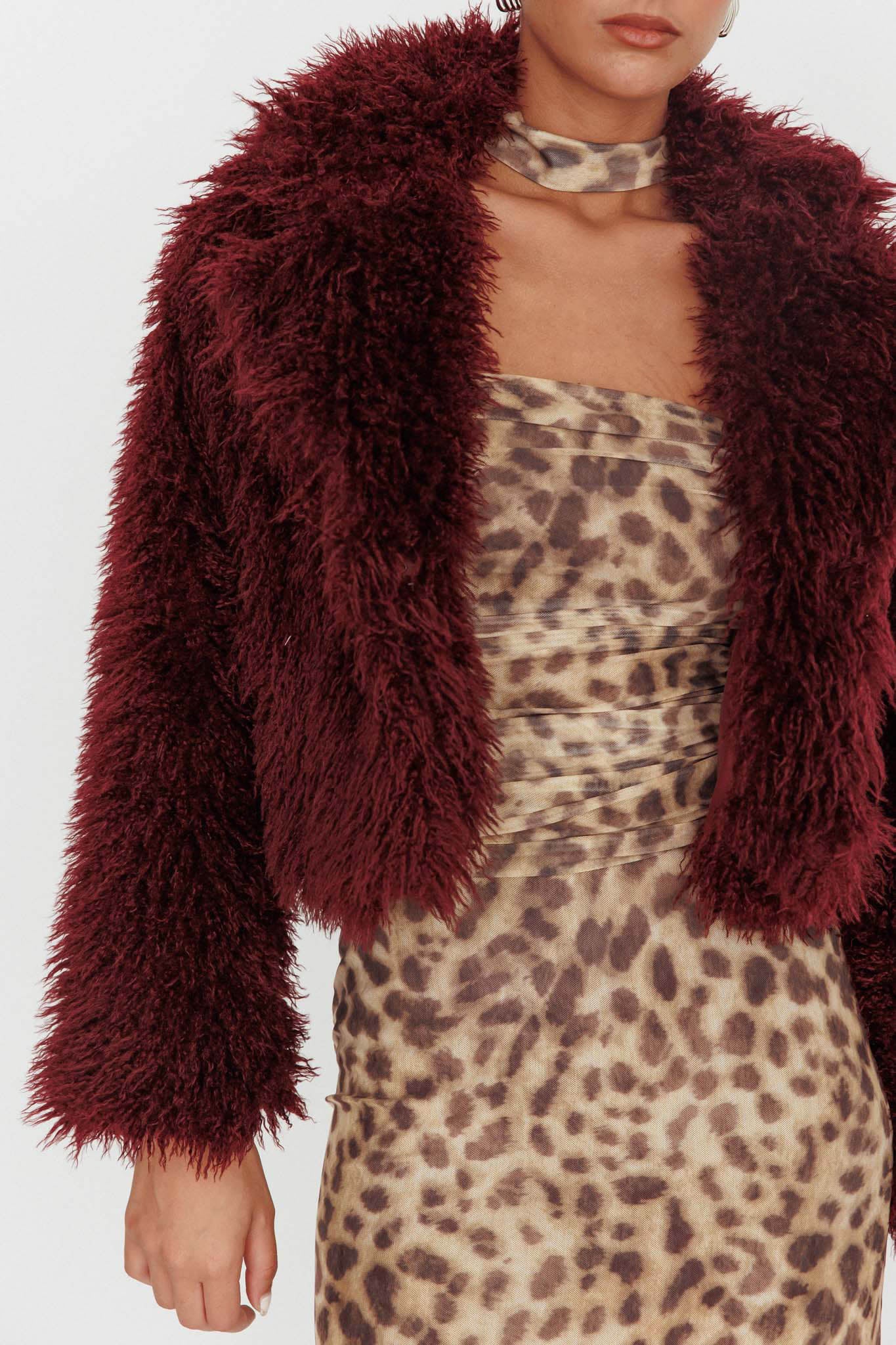 Aland Fuzzy Faux Fur Jacket Wine - Image 4