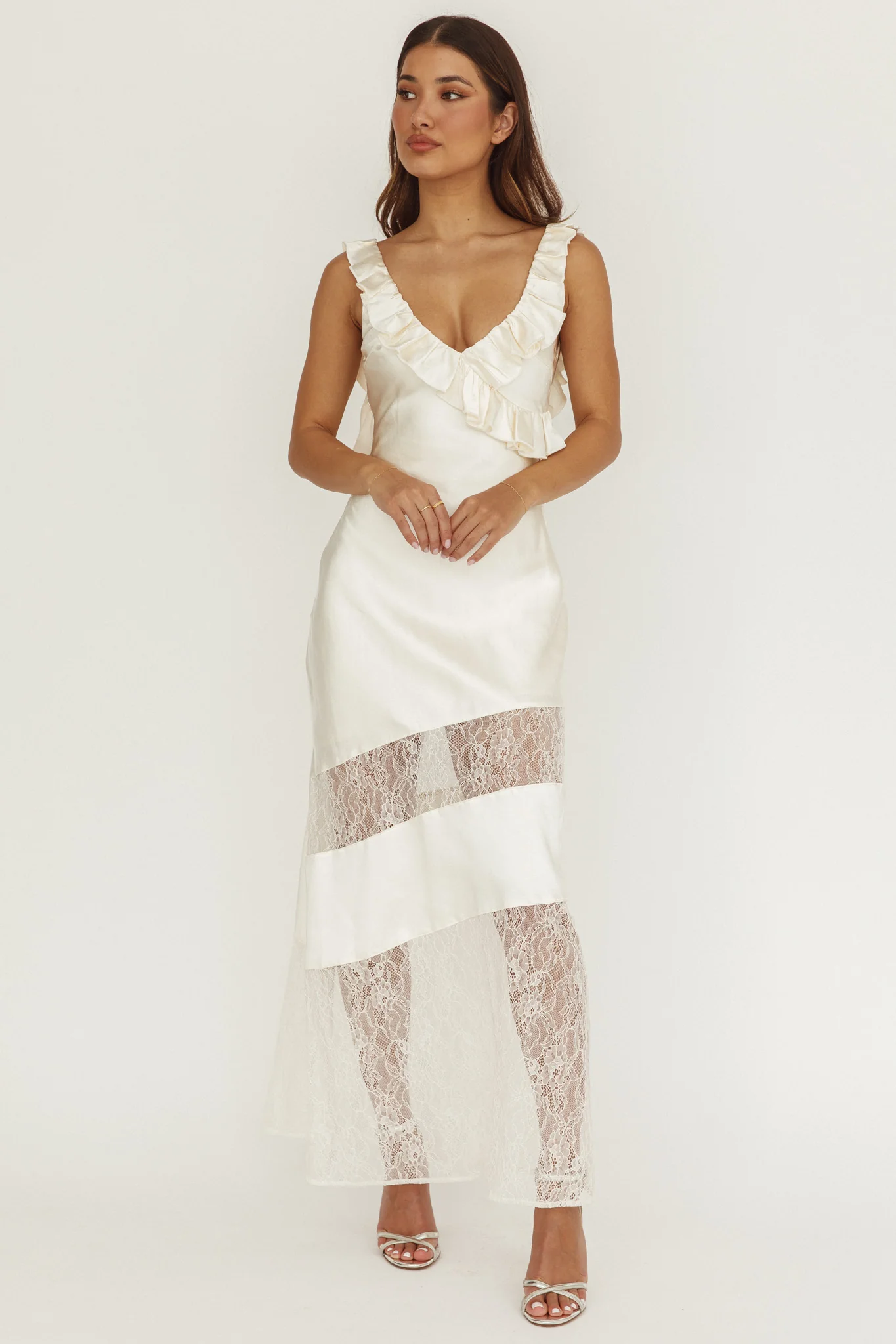 Alba Frill & Lace Trim Maxi Dress Oyster - Image 4