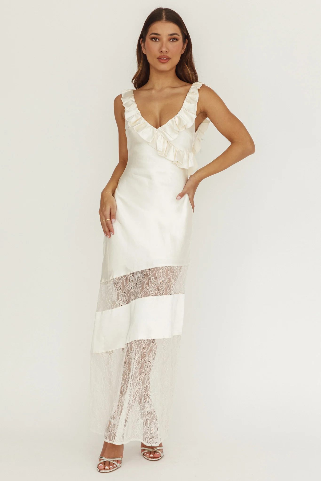 Alba Frill & Lace Trim Maxi Dress Oyster - Image 5