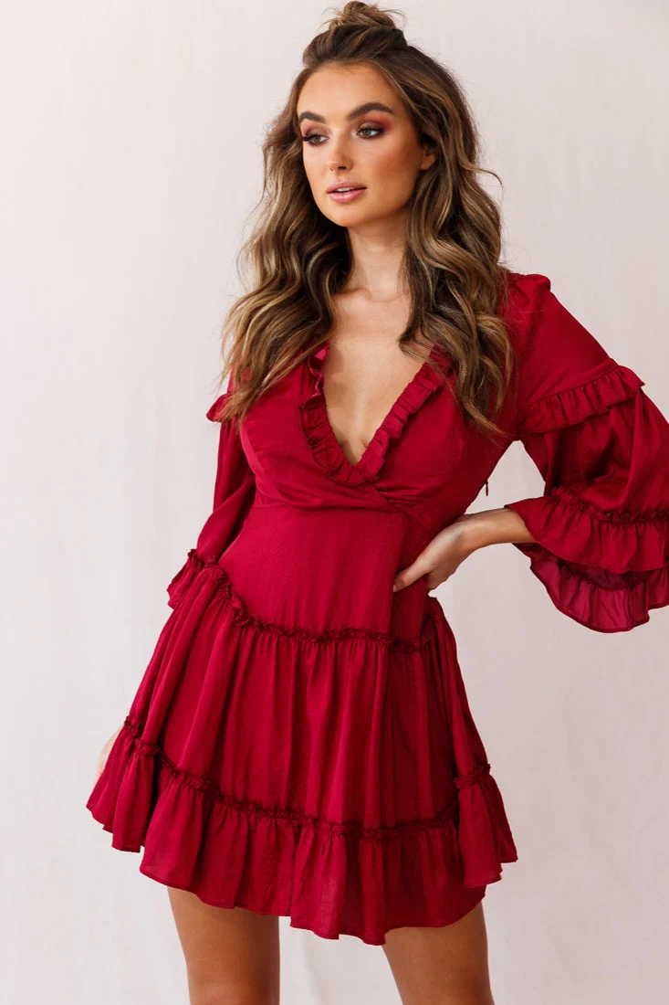 Albany Bell Sleeve Frill Dress Wine - Image 2