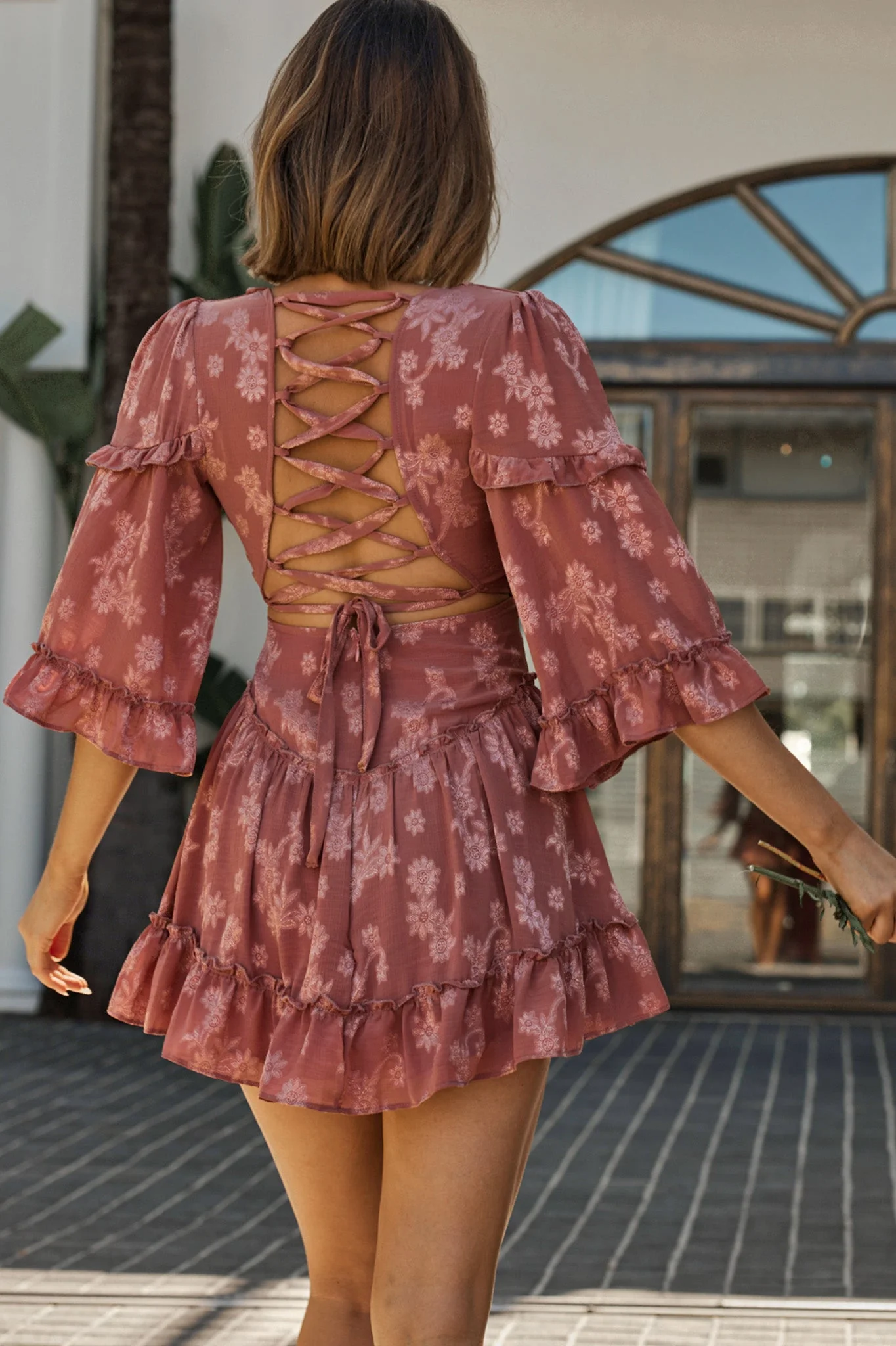 Albany Lace Up Back Frill Dress Flower Print Rose - Image 2