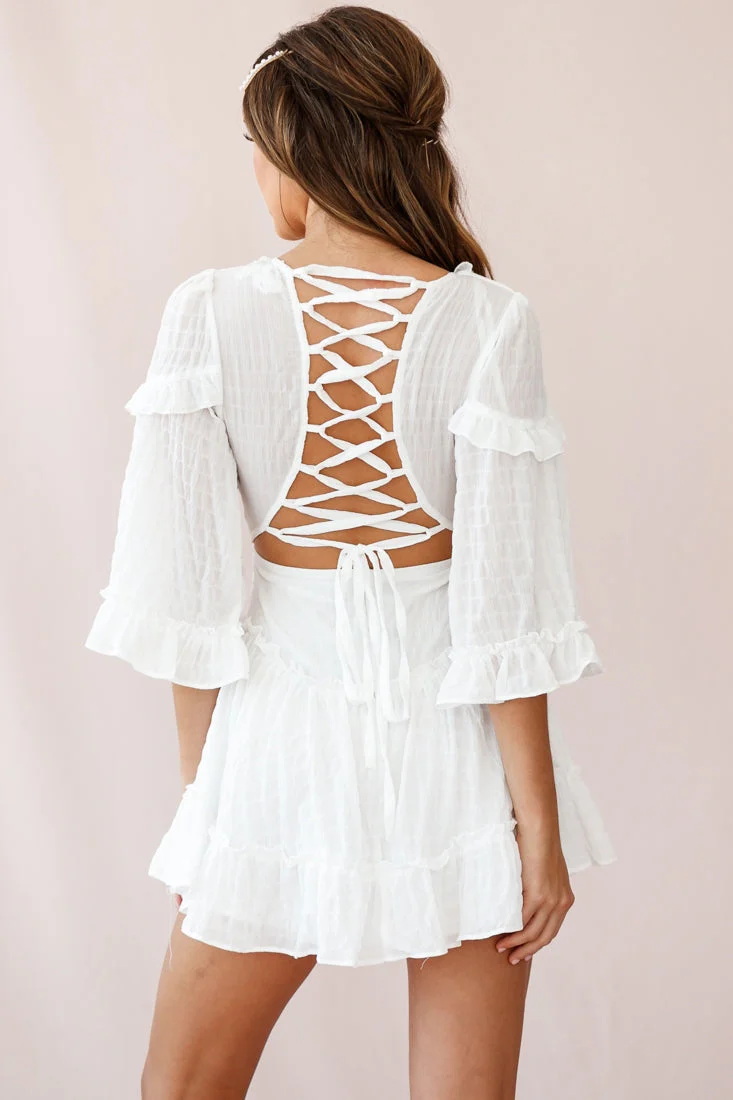 Albany Lace Up Back Frill Dress Puckered Fabric White - Image 4