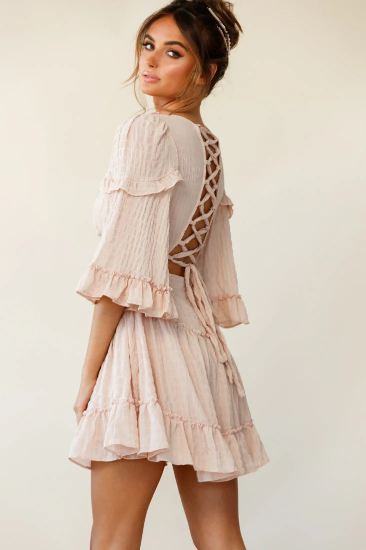 Albany Lace Up Back Frill Dress Shirred Beige - Image 2