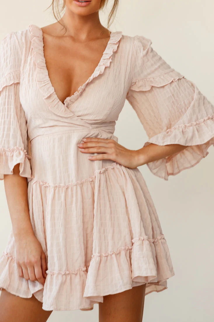 Albany Lace Up Back Frill Dress Shirred Beige - Image 7