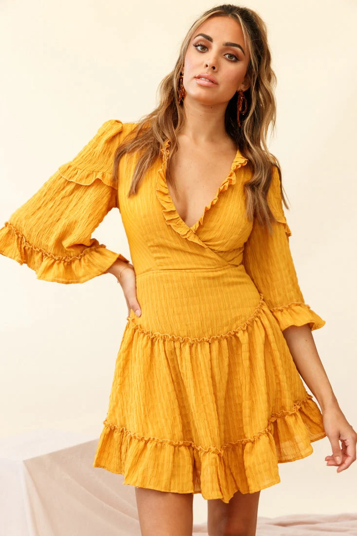 Albany Lace Up Back Frill Dress Shirred Mustard - Image 6