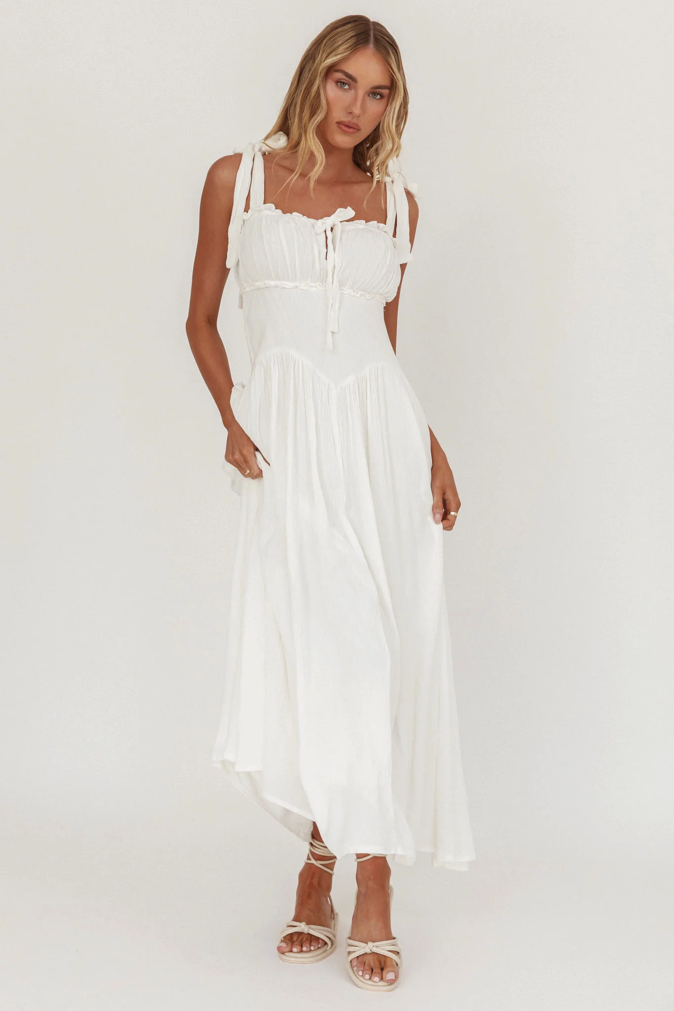Albury Tied Shoulder Basque Waist Midi Dress White - Image 5