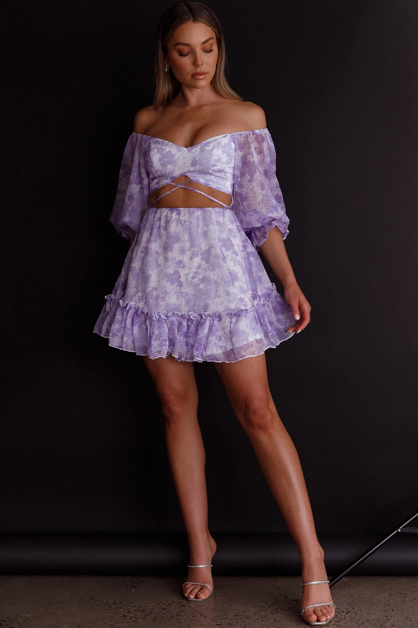 Alethea Puff Sleeve Cut-Out Waist Dress Floral Print Lilac - Image 3