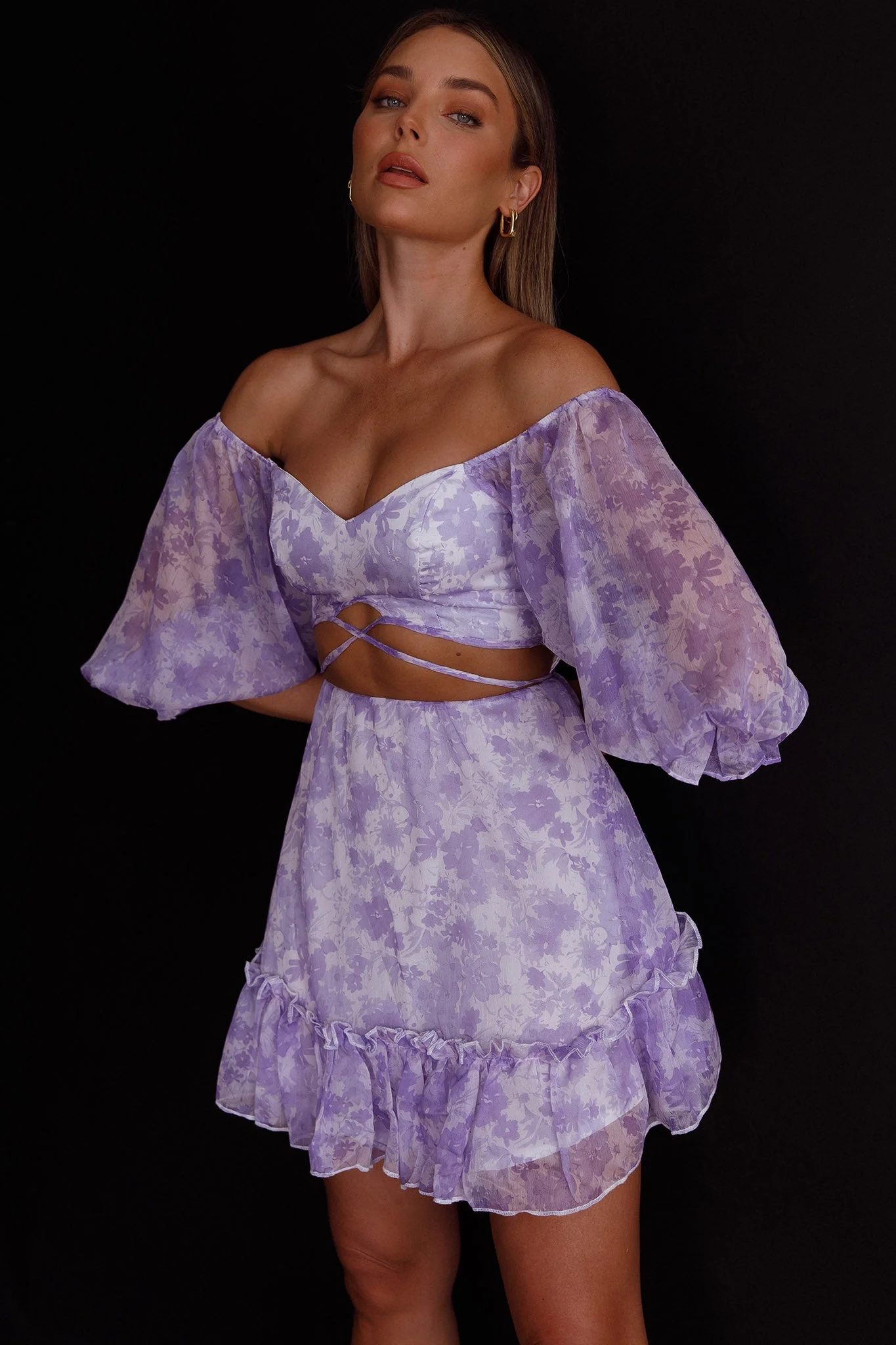 Alethea Puff Sleeve Cut-Out Waist Dress Floral Print Lilac - Image 5